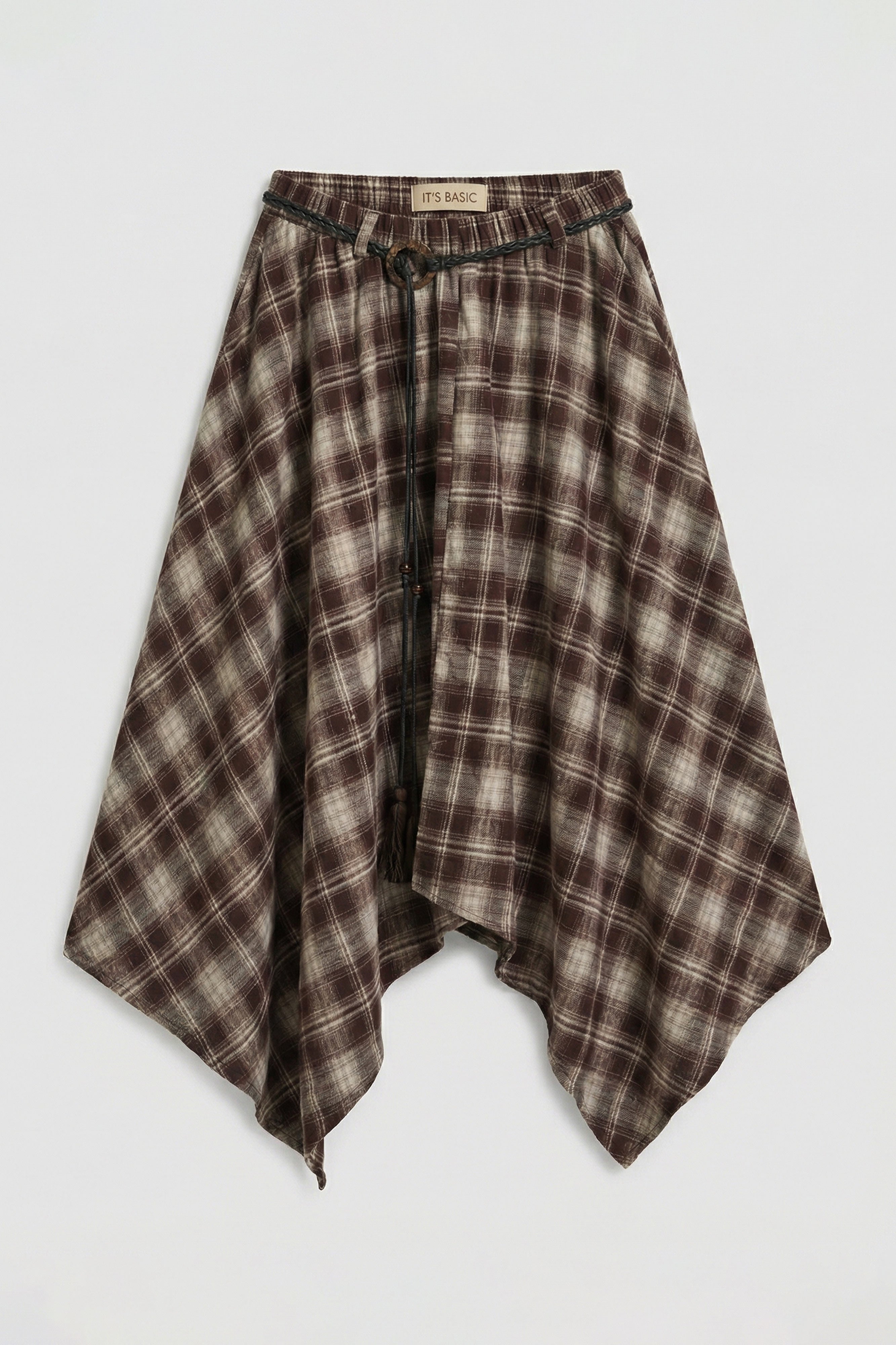 Kadın Kahve Ekose w5 Asimetrik Kesim Kemerli Özel Tasarım %100 Pamuk Etek