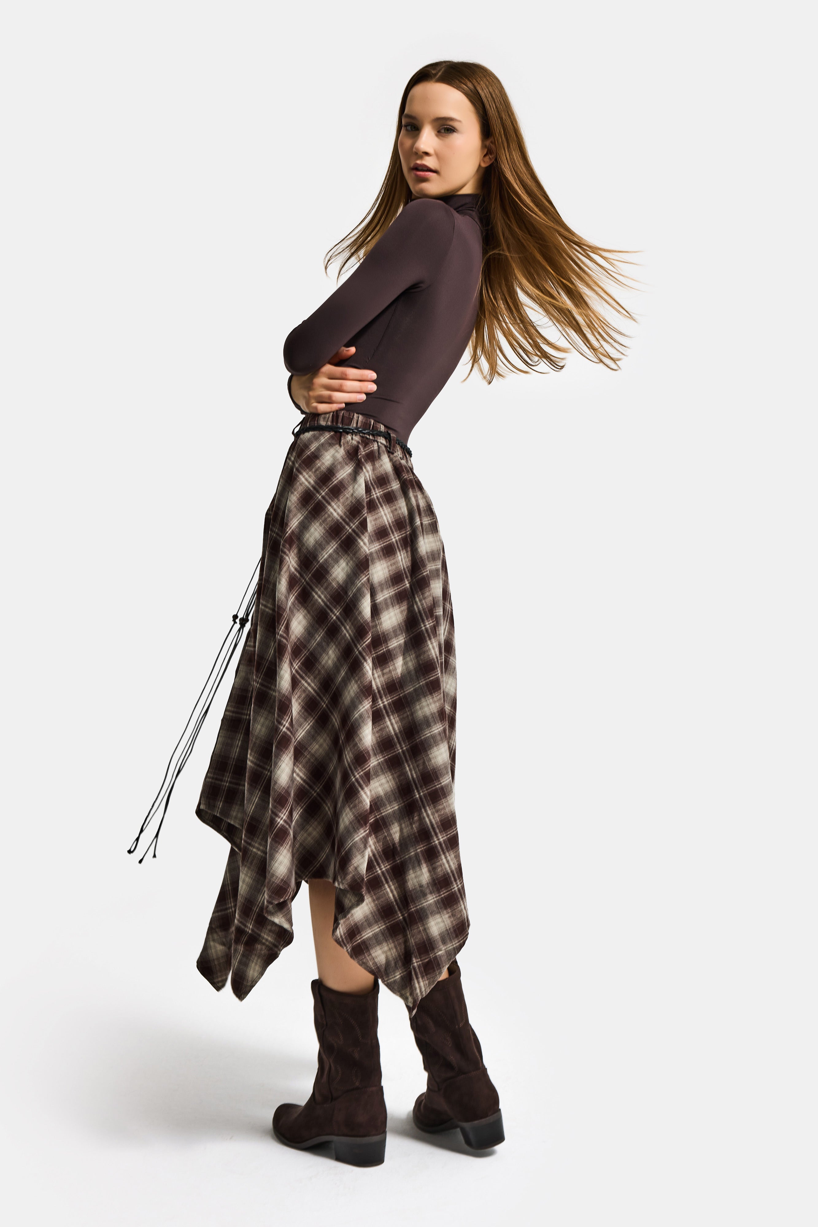 Kadın Kahve Ekose w5 Asimetrik Kesim Kemerli Özel Tasarım %100 Pamuk Etek