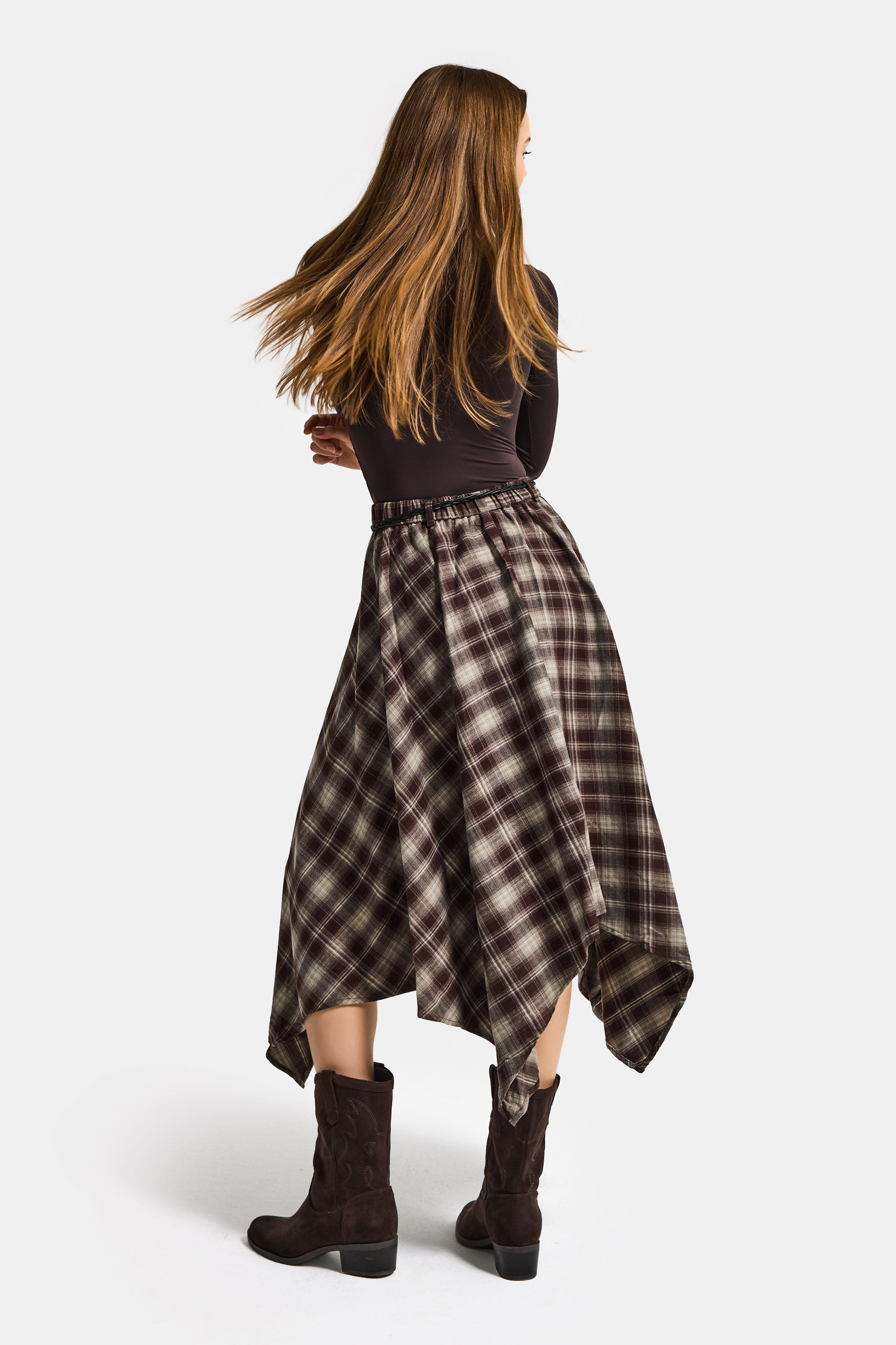 Kadın Kahve Ekose w5 Asimetrik Kesim Kemerli Özel Tasarım %100 Pamuk Etek