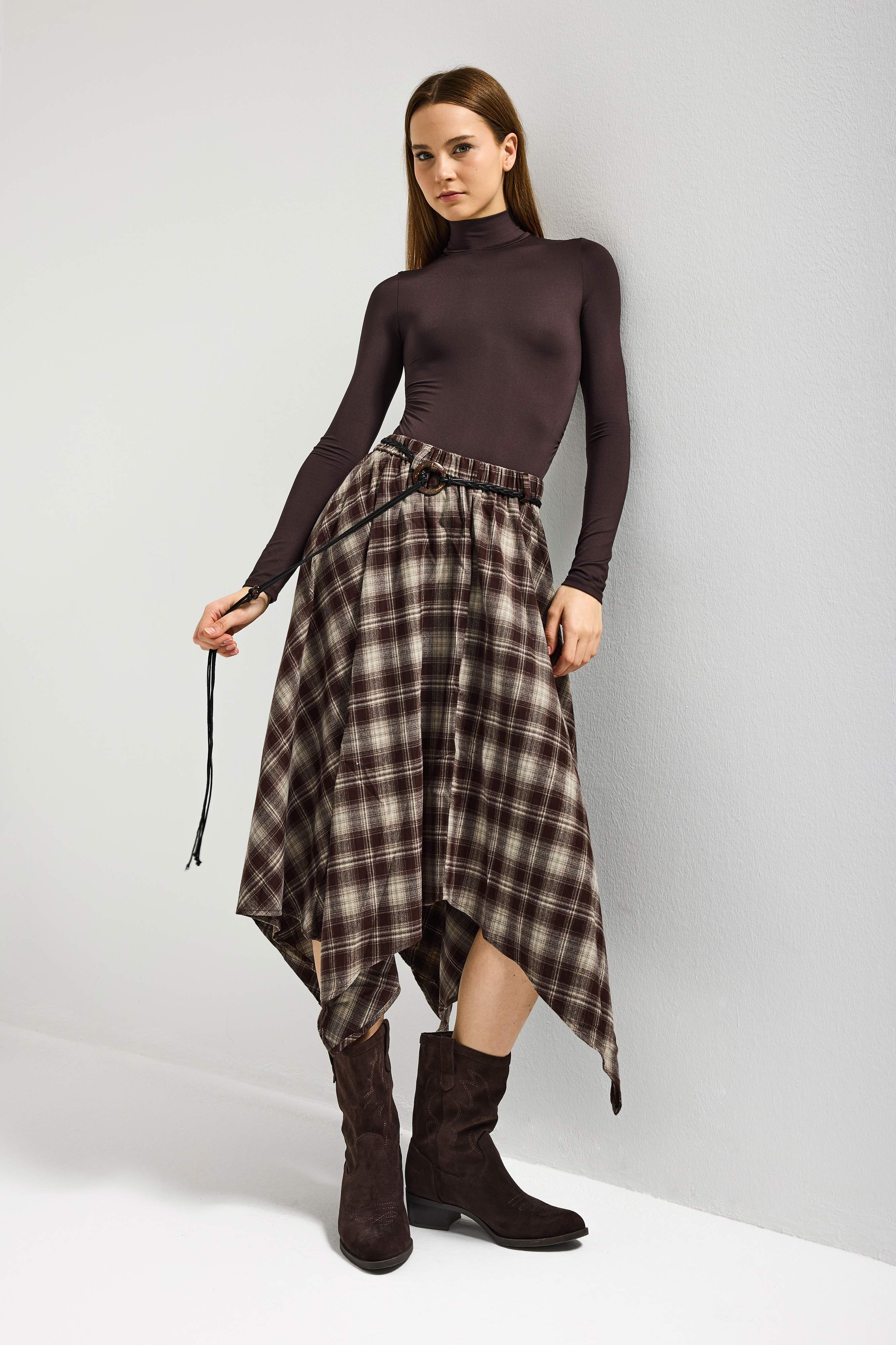 Kadın Kahve Ekose w5 Asimetrik Kesim Kemerli Özel Tasarım %100 Pamuk Etek