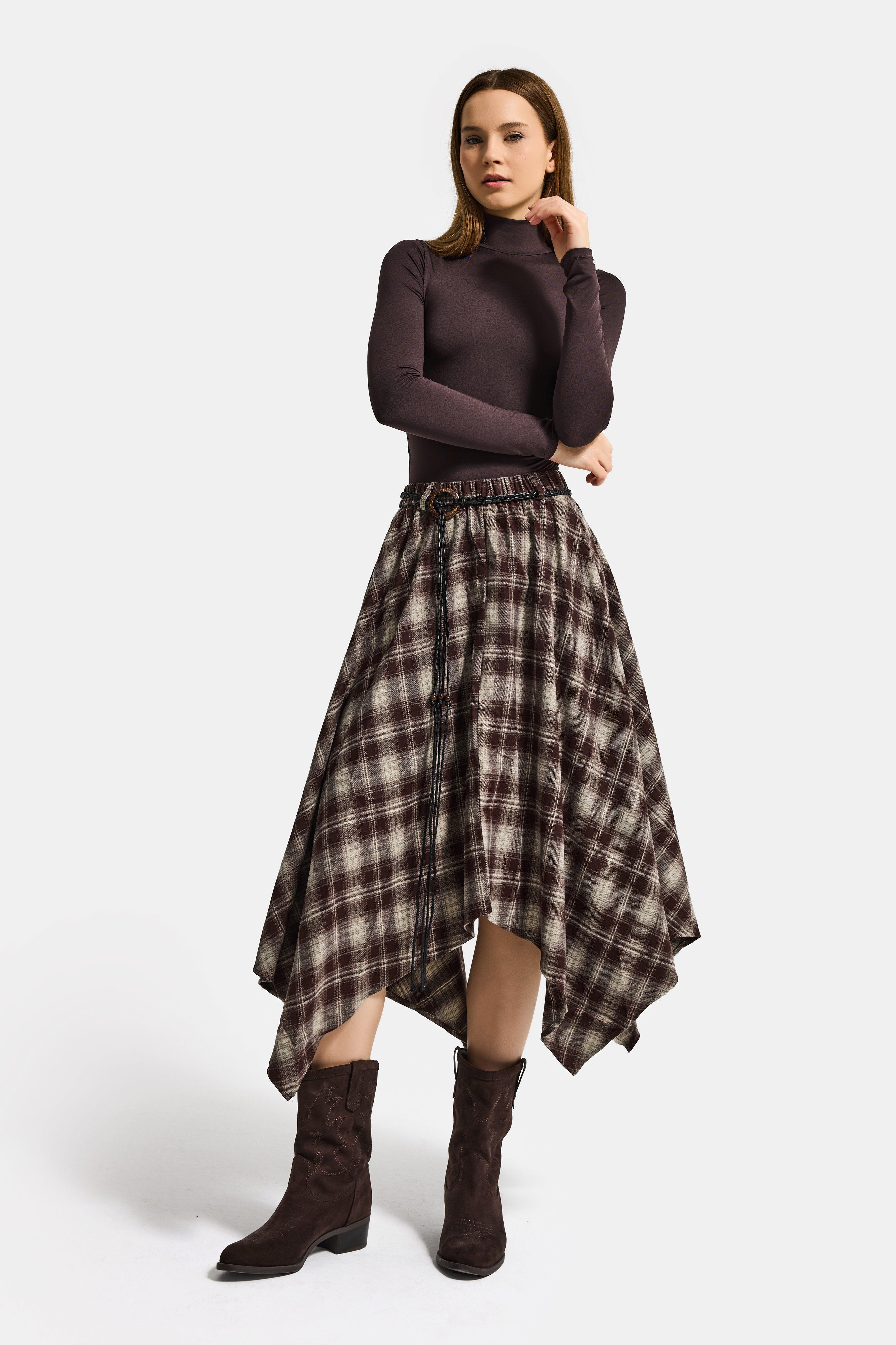 Kadın Kahve Ekose w5 Asimetrik Kesim Kemerli Özel Tasarım %100 Pamuk Etek