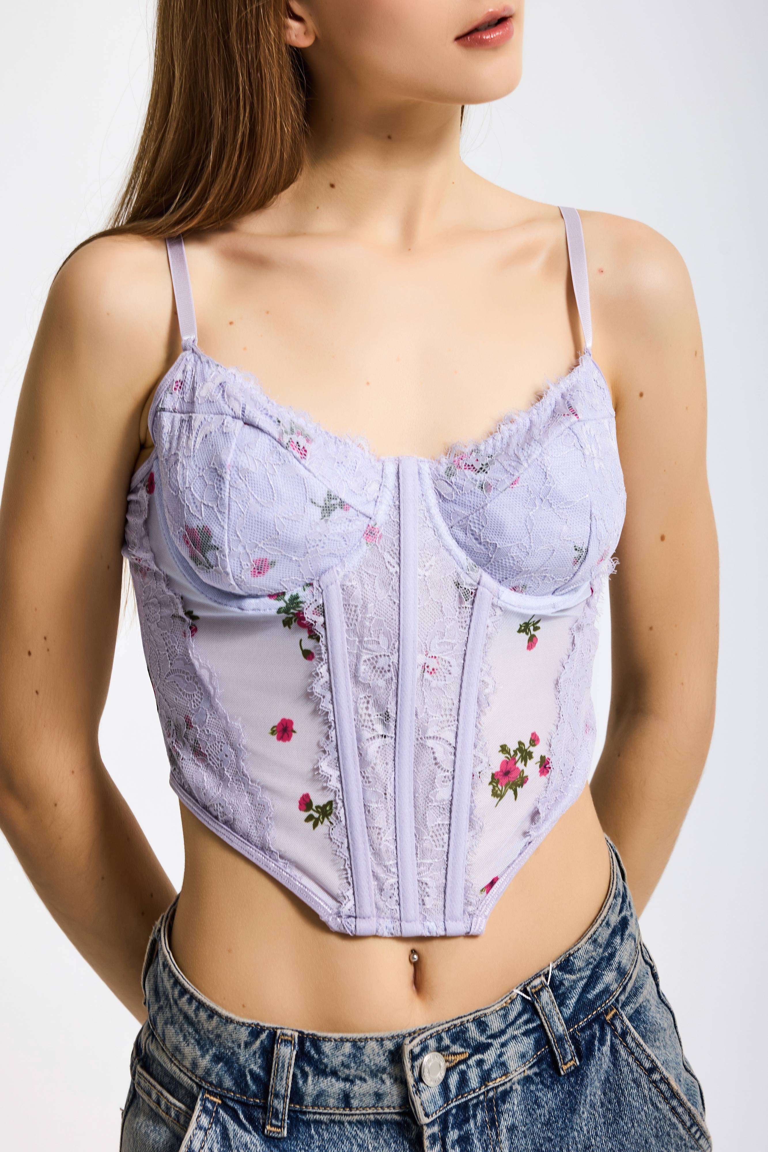 Kadın Lila w5 Balenli Dantel Çiçek Desenli Özel Tasarım Askılı Büstiyer