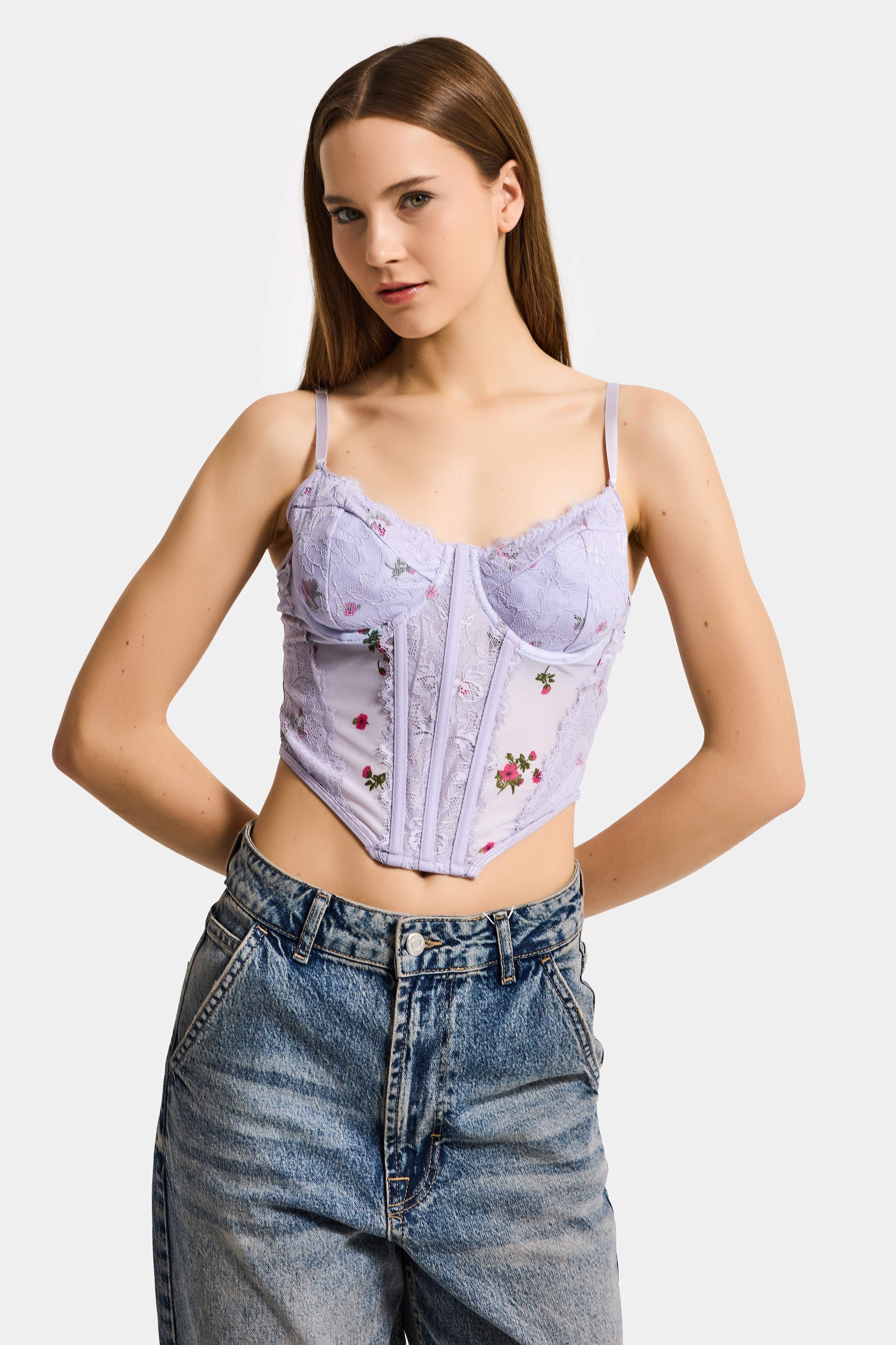 Kadın Lila w5 Balenli Dantel Çiçek Desenli Özel Tasarım Askılı Büstiyer