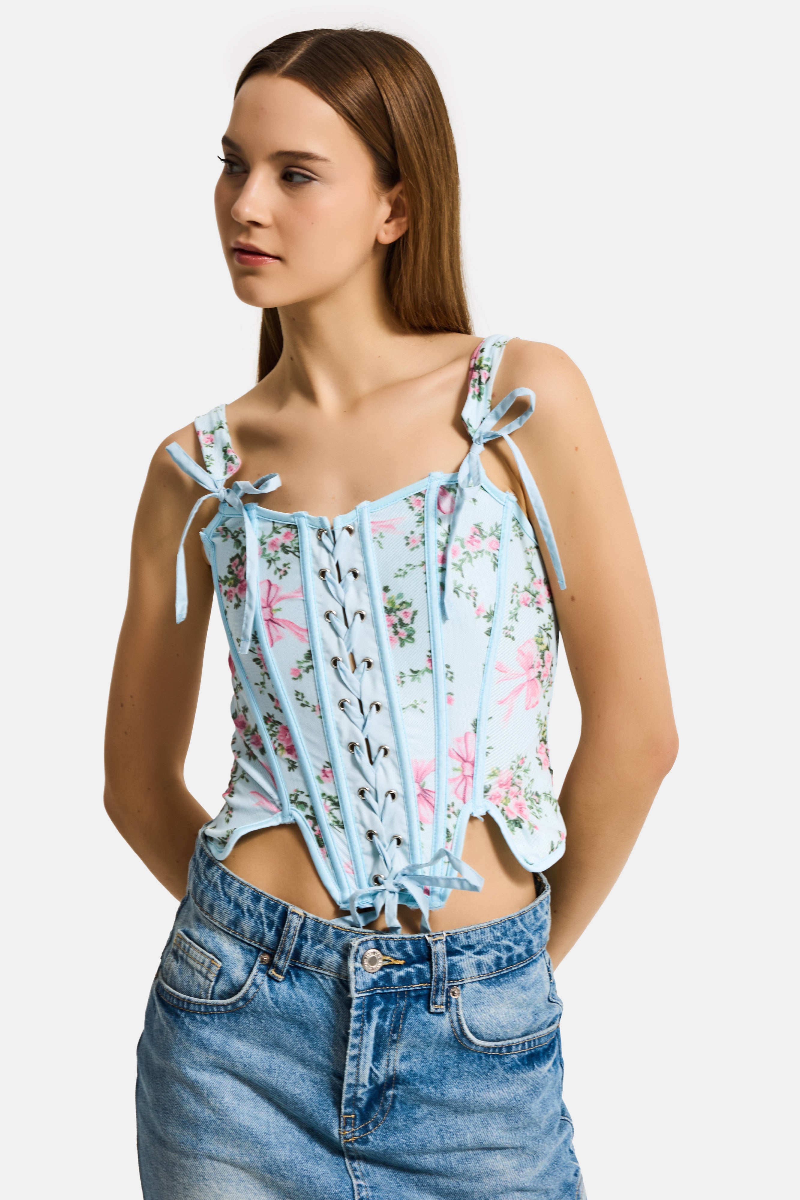 Kadın Mavi w5 Balenli Crop Çiçek Desenli Dantel Detaylı Özel Tasarım Büstiyer