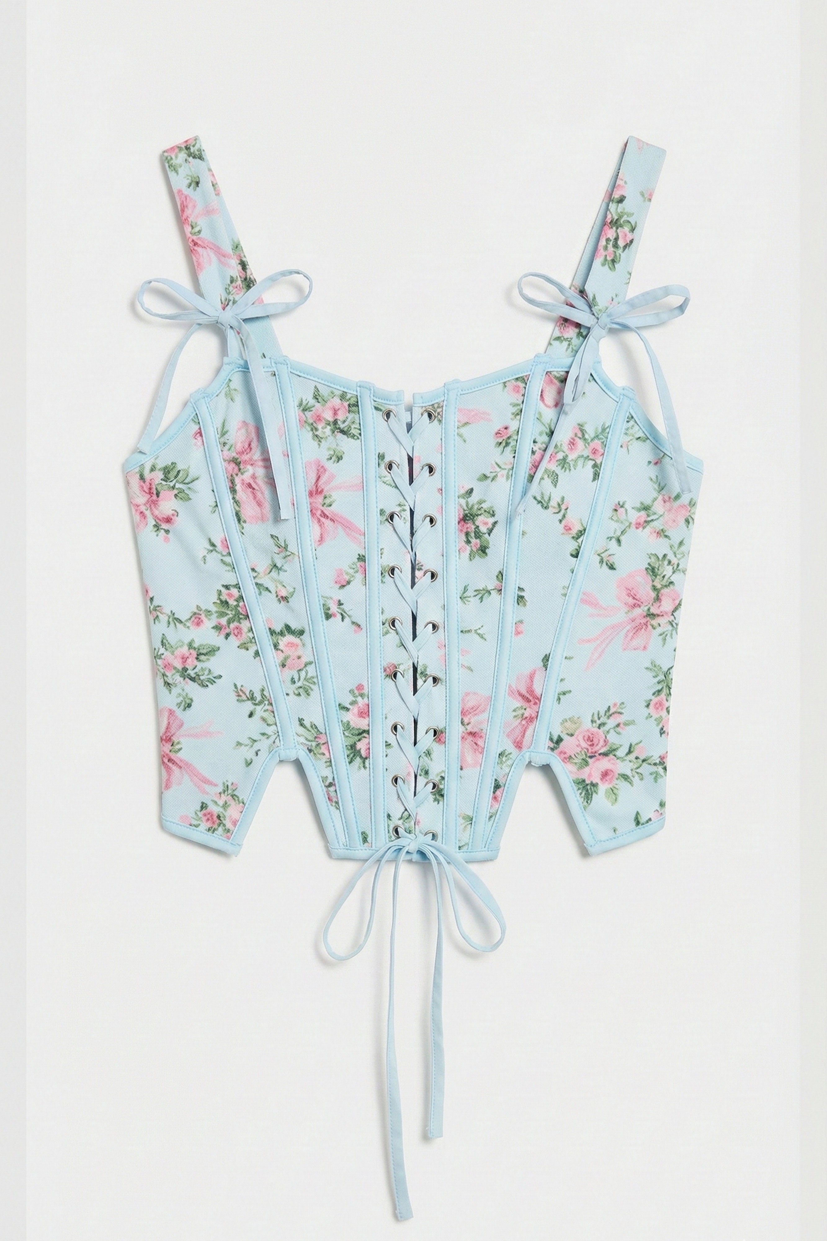 Kadın Mavi w5 Balenli Crop Çiçek Desenli Dantel Detaylı Özel Tasarım Büstiyer