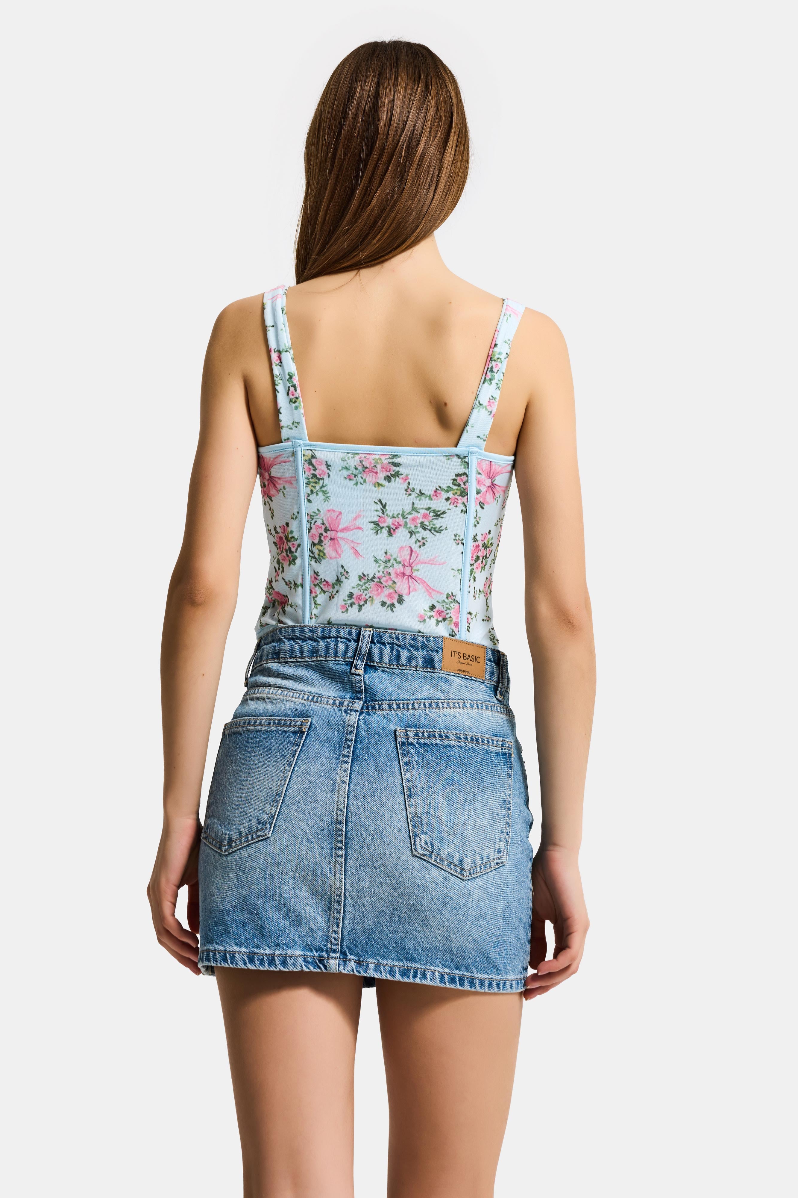 Kadın Mavi w5 Balenli Crop Çiçek Desenli Dantel Detaylı Özel Tasarım Büstiyer