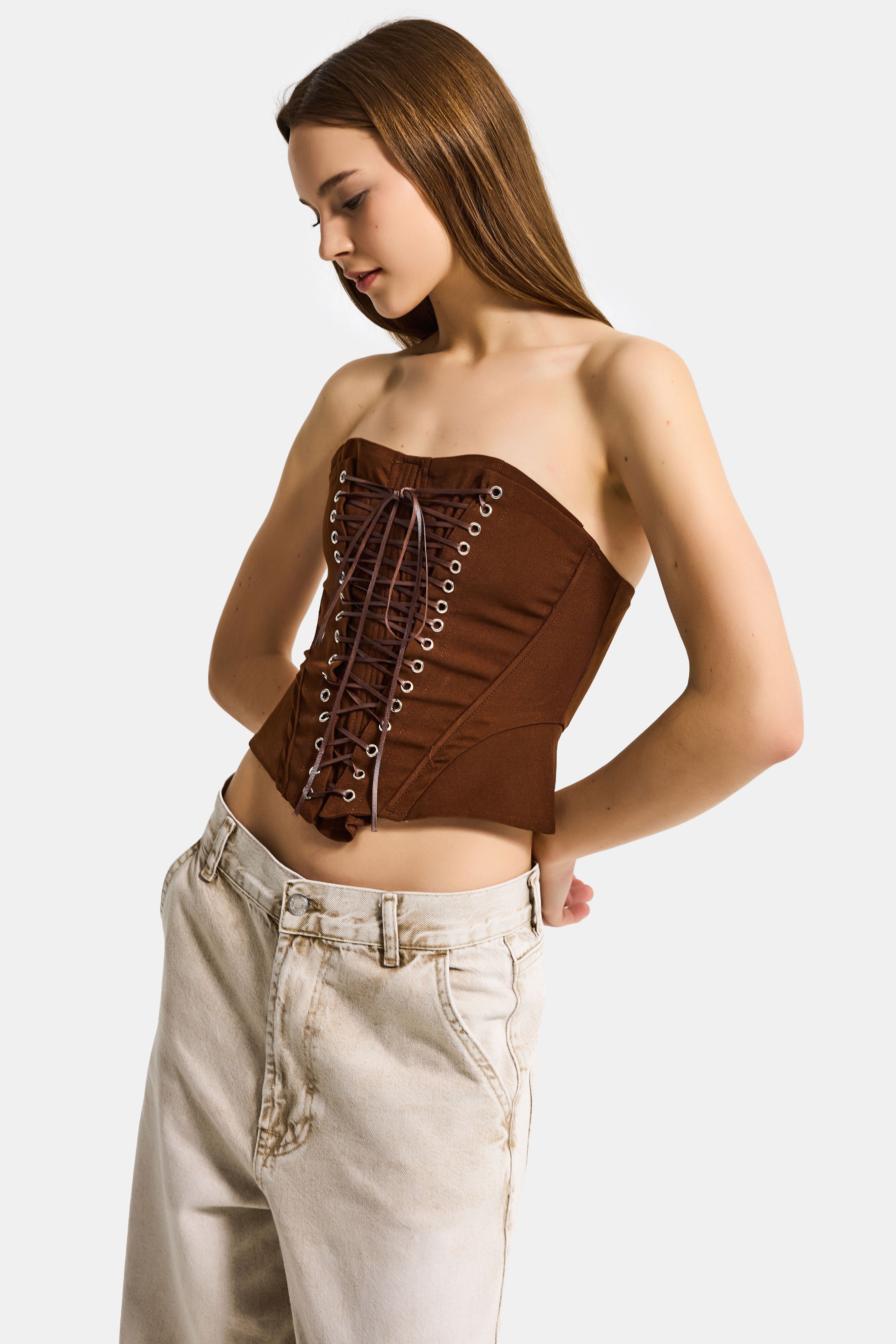 Kadın Kahverengi w5 Crop Kuş Gözü ve Bağcık Detaylı Straplez Özel Tasarım Büstiyer