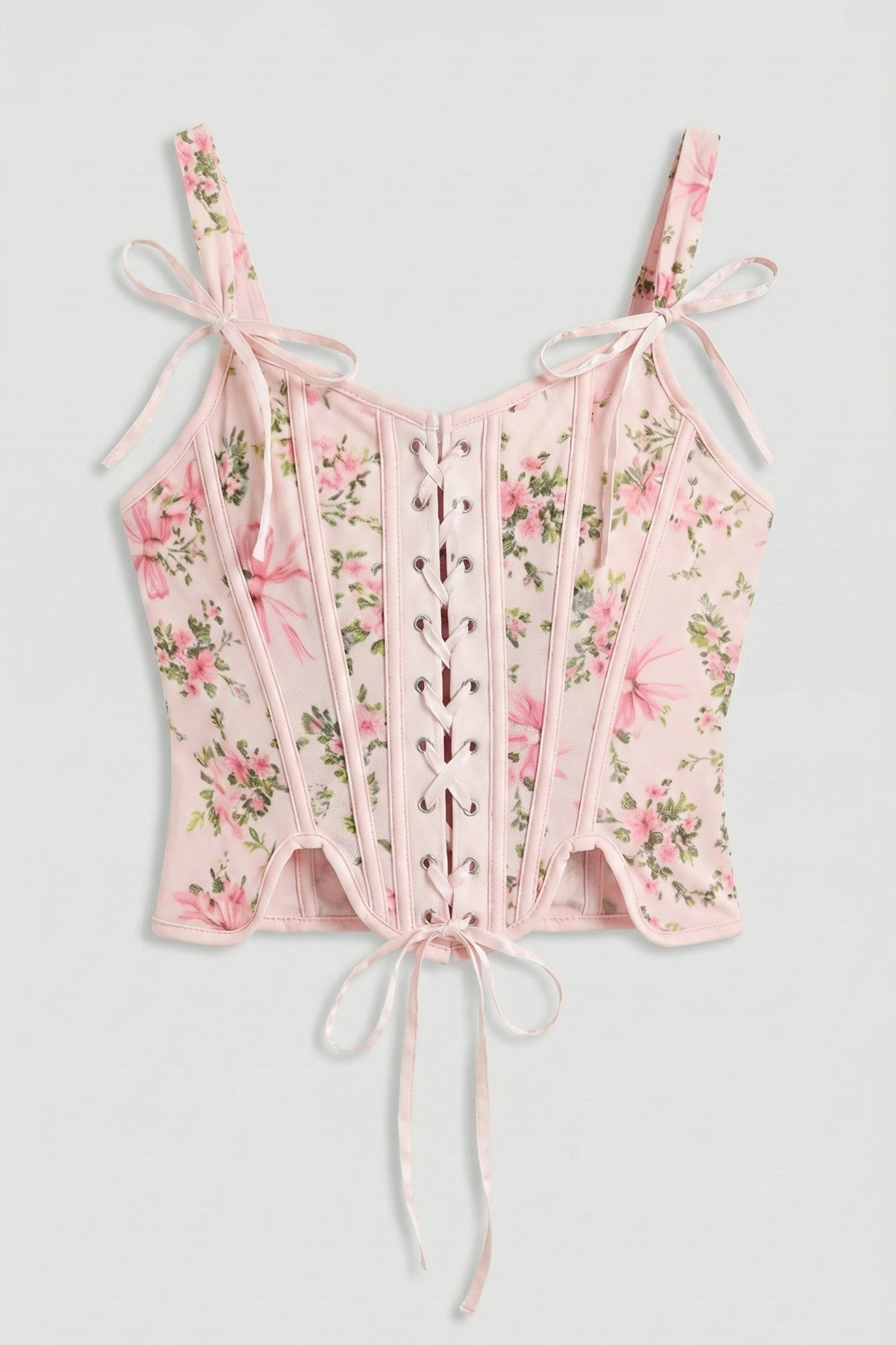 Kadın Pembe Çiçekli w5 Balenli Kuş Gözü Detaylı Özel Desen Tasarım Askılı Büstiyer