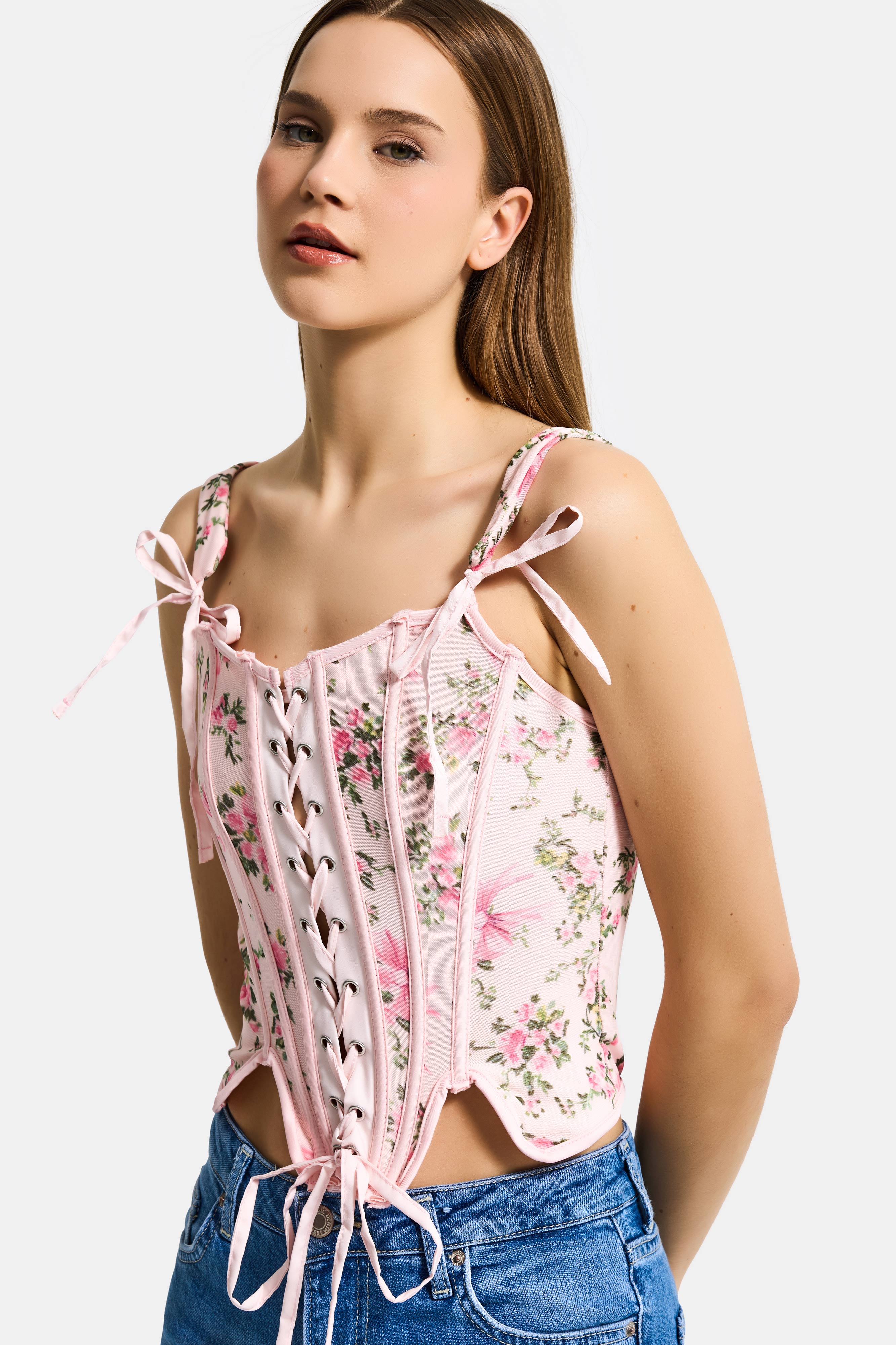 Kadın Pembe Çiçekli w5 Balenli Kuş Gözü Detaylı Özel Desen Tasarım Askılı Büstiyer