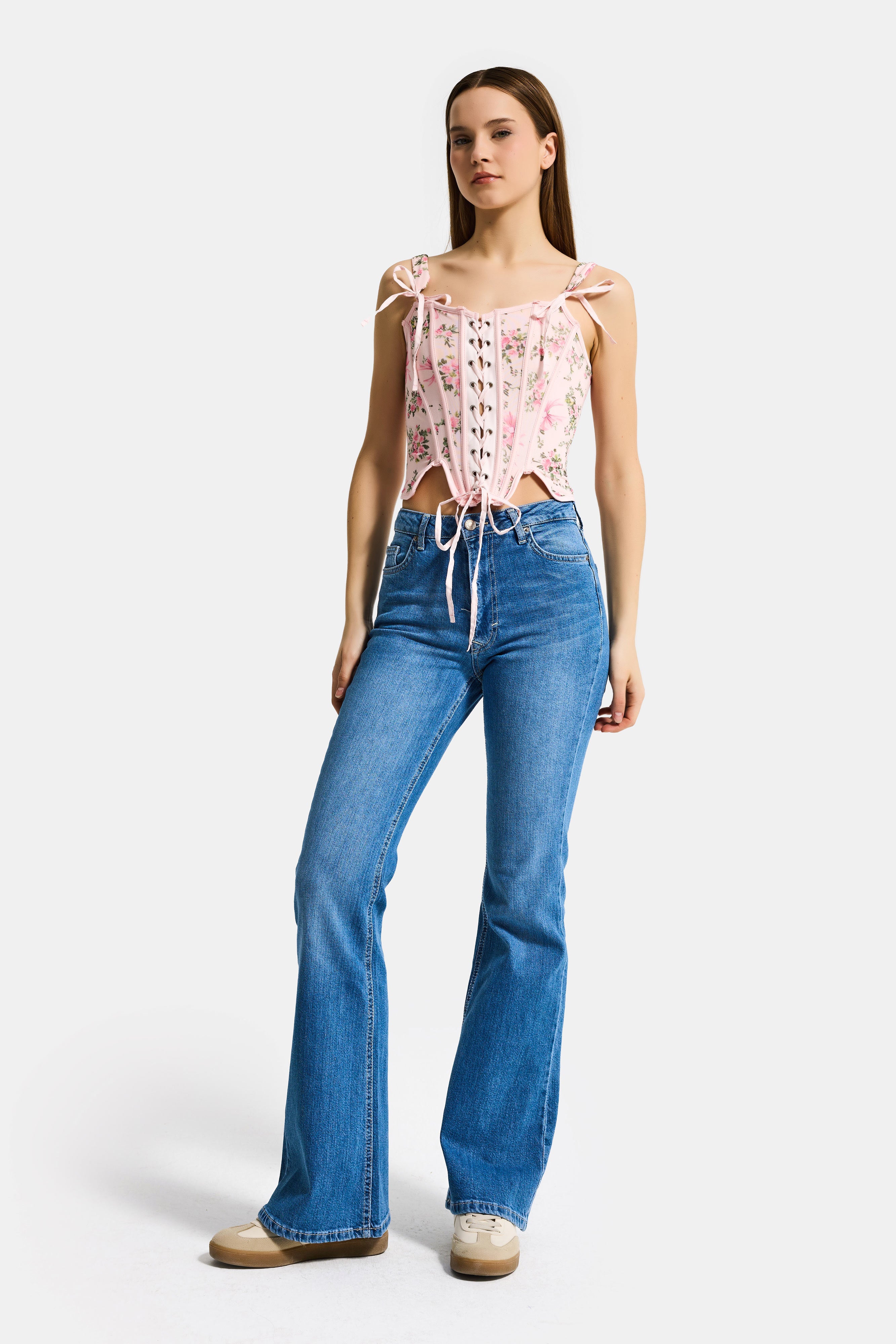 Kadın Pembe Çiçekli w5 Balenli Kuş Gözü Detaylı Özel Desen Tasarım Askılı Büstiyer