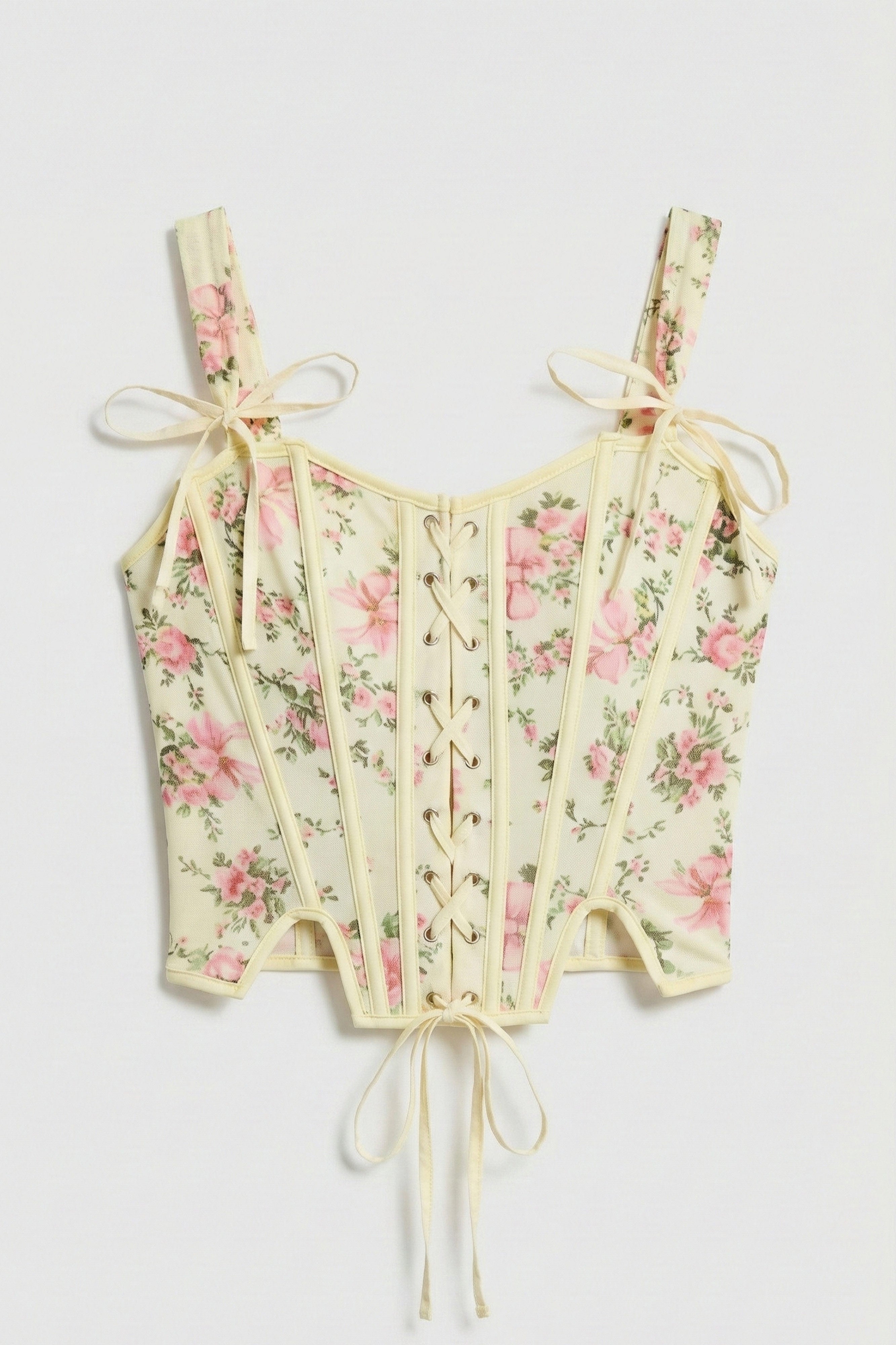 Kadın Sarı Çiçekli w5 Balenli Kuş Gözü Detaylı Özel Desen Tasarım Askılı Büstiyer