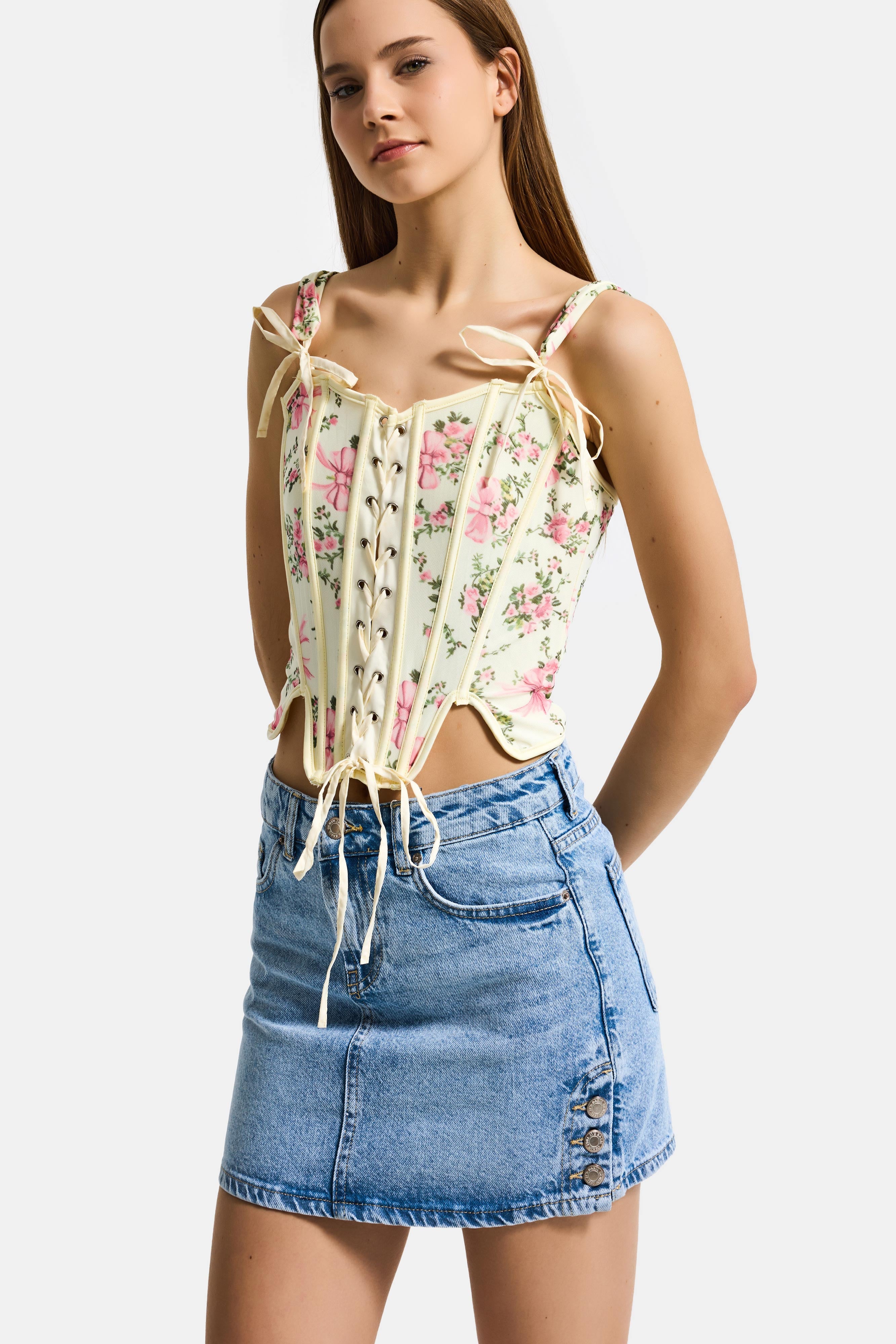 Kadın Sarı Çiçekli w5 Balenli Kuş Gözü Detaylı Özel Desen Tasarım Askılı Büstiyer