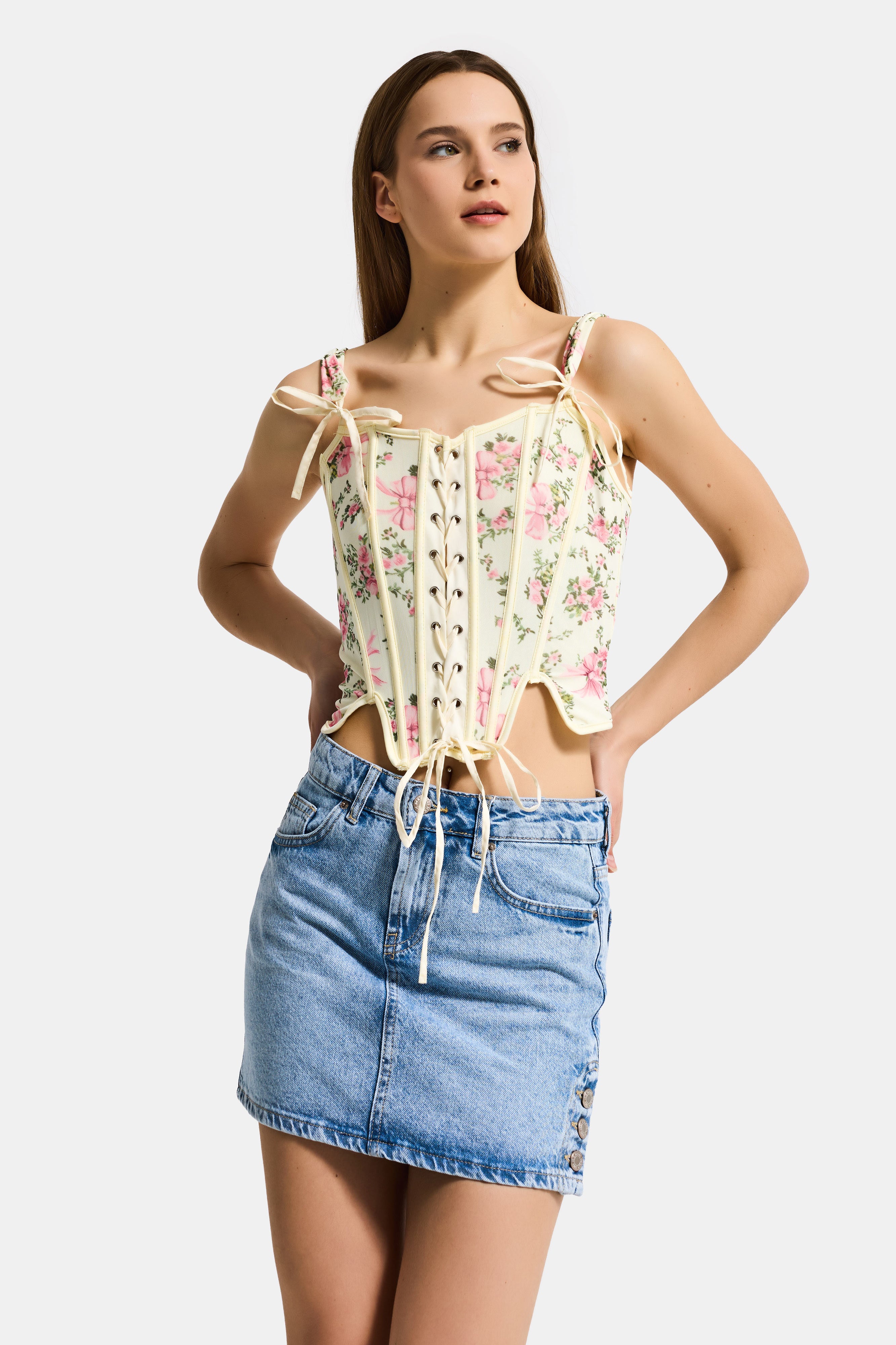 Kadın Sarı Çiçekli w5 Balenli Kuş Gözü Detaylı Özel Desen Tasarım Askılı Büstiyer