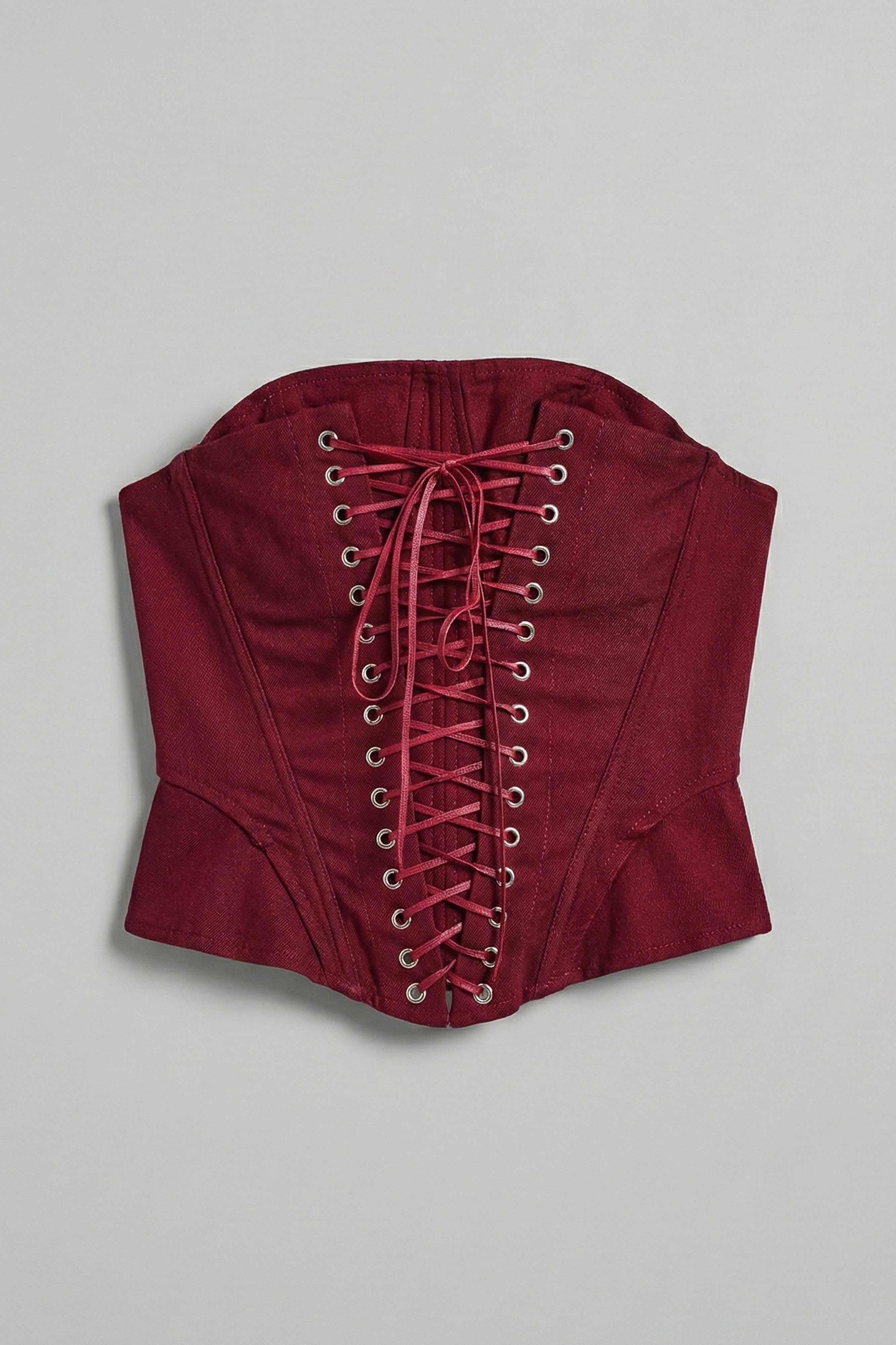 Kadın Bordo w5 Crop Kuş Gözü ve Bağcık Detaylı Straptez Özel Tasarım Büstiyer