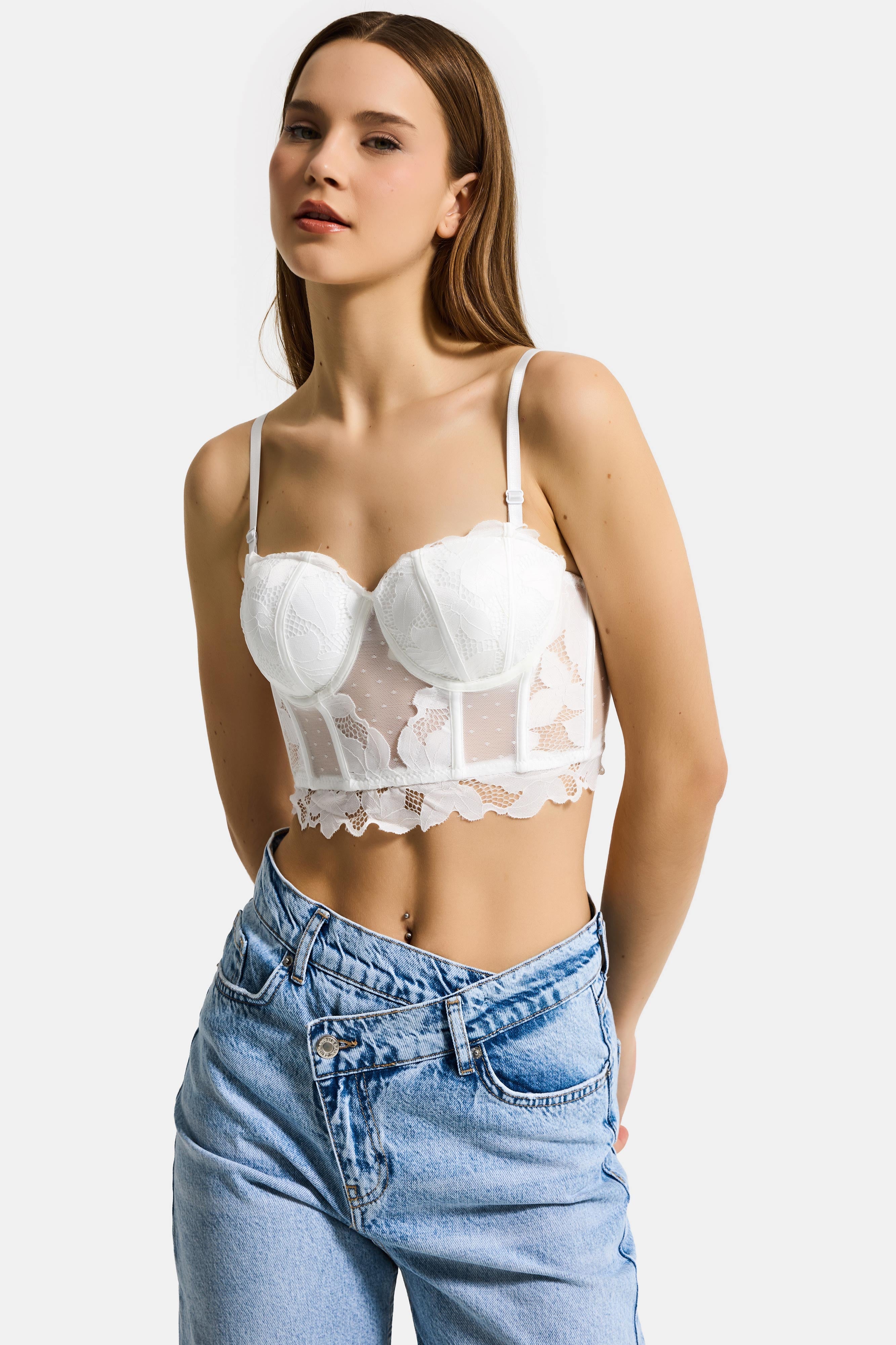 Kadın Beyaz w5 Balenli Güpür Dantel Detaylı Askılı Özel Tasarım Büstiyer