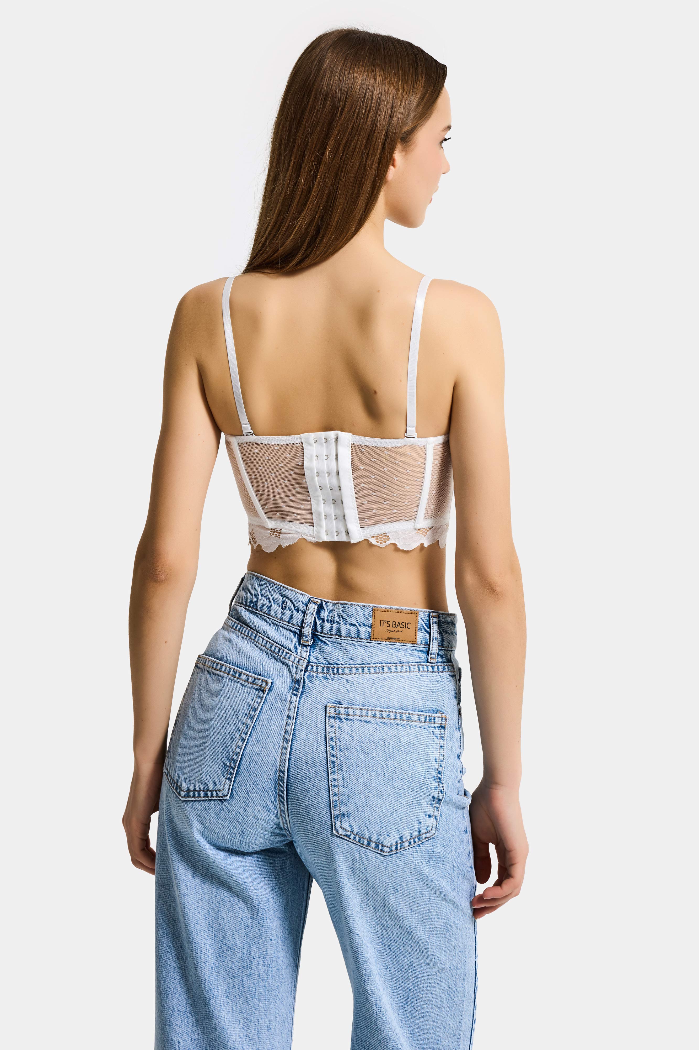 Kadın Beyaz w5 Balenli Güpür Dantel Detaylı Askılı Özel Tasarım Büstiyer