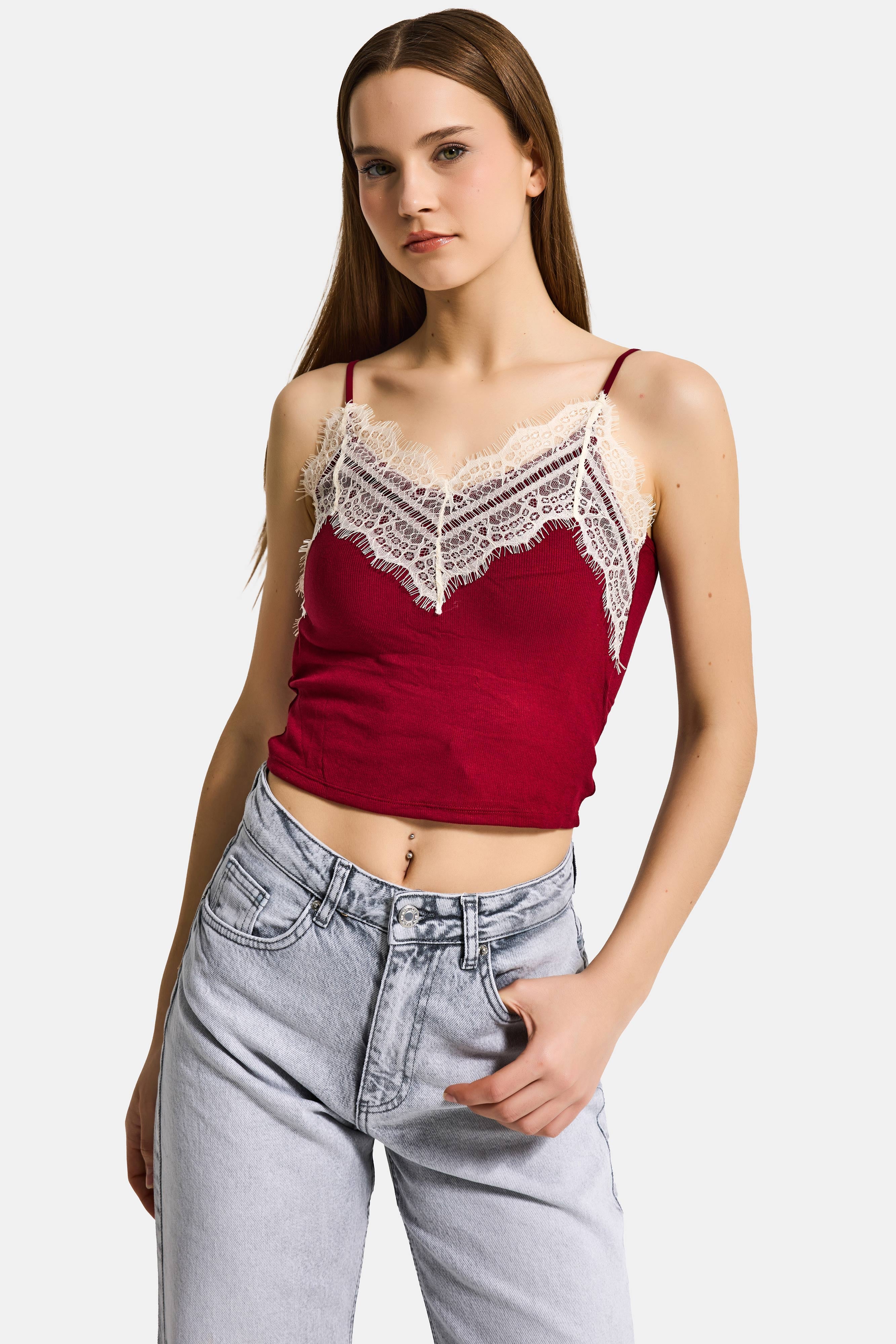 Kadın Kırmızı w5 Dantel Detaylı Destekli Cup Askılı Tasarım Body