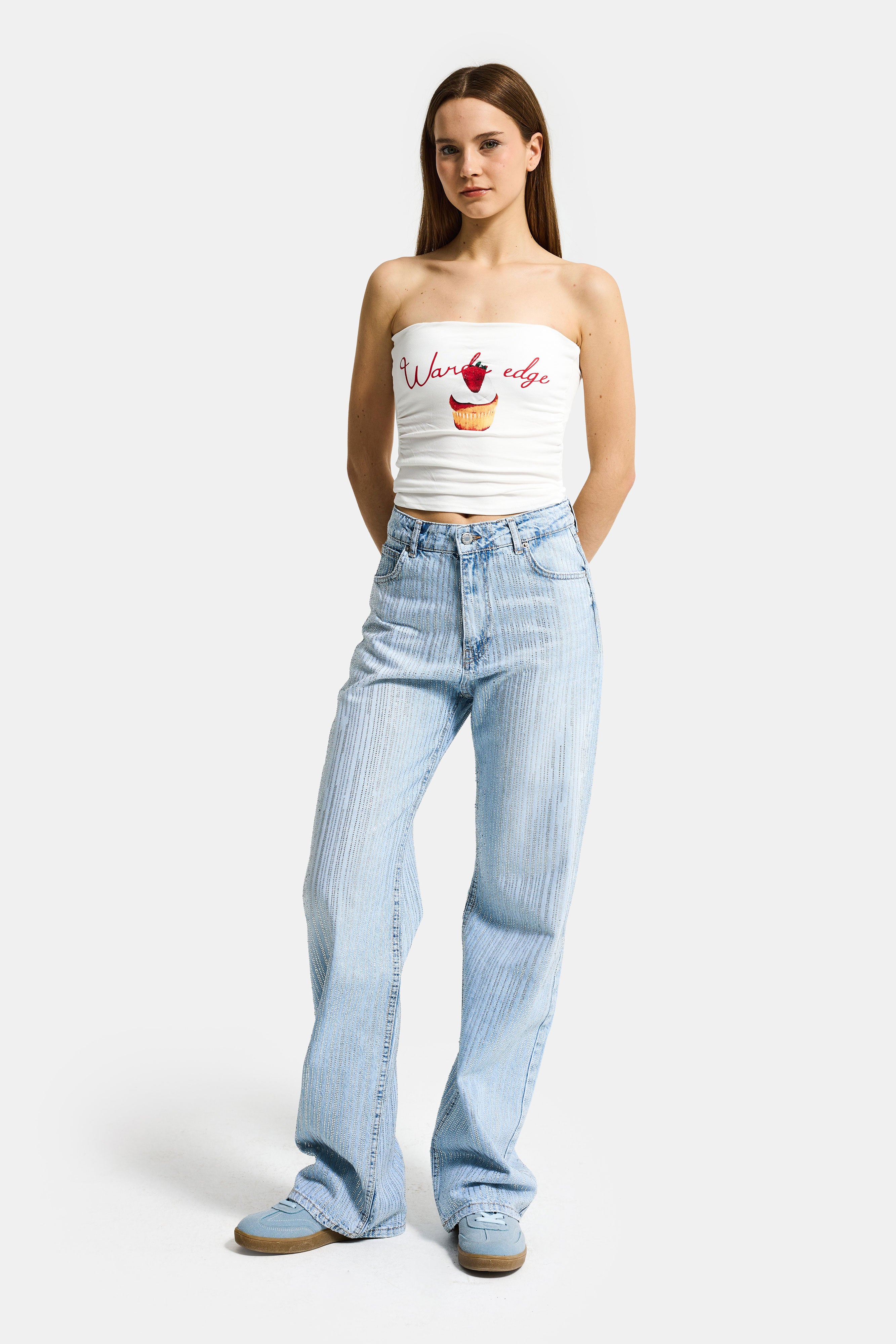 Kadın Beyaz w5 Baskılı Cup Destekli Straplez Tasarım Büstiyer