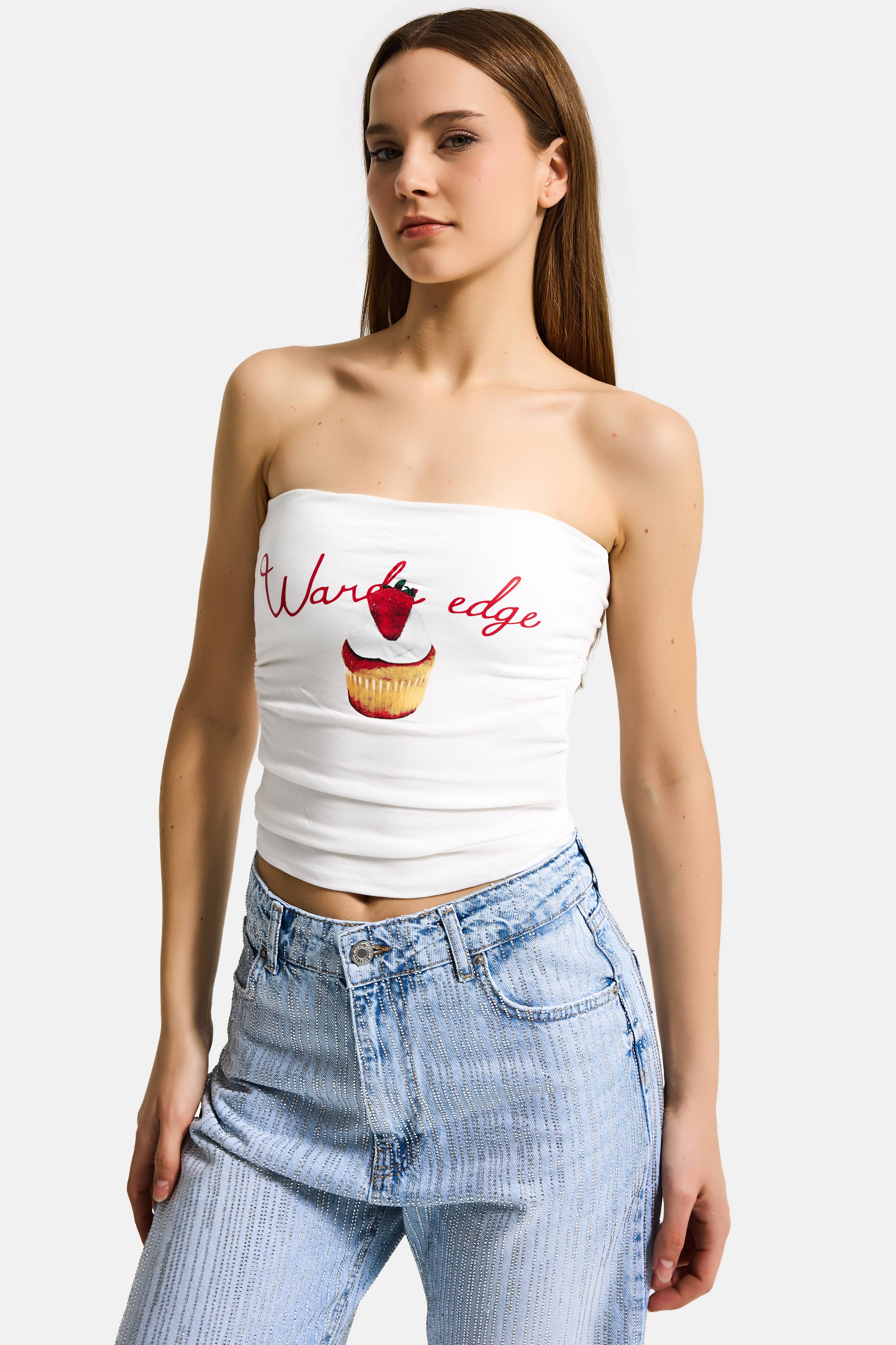 Kadın Beyaz w5 Baskılı Cup Destekli Straplez Tasarım Büstiyer