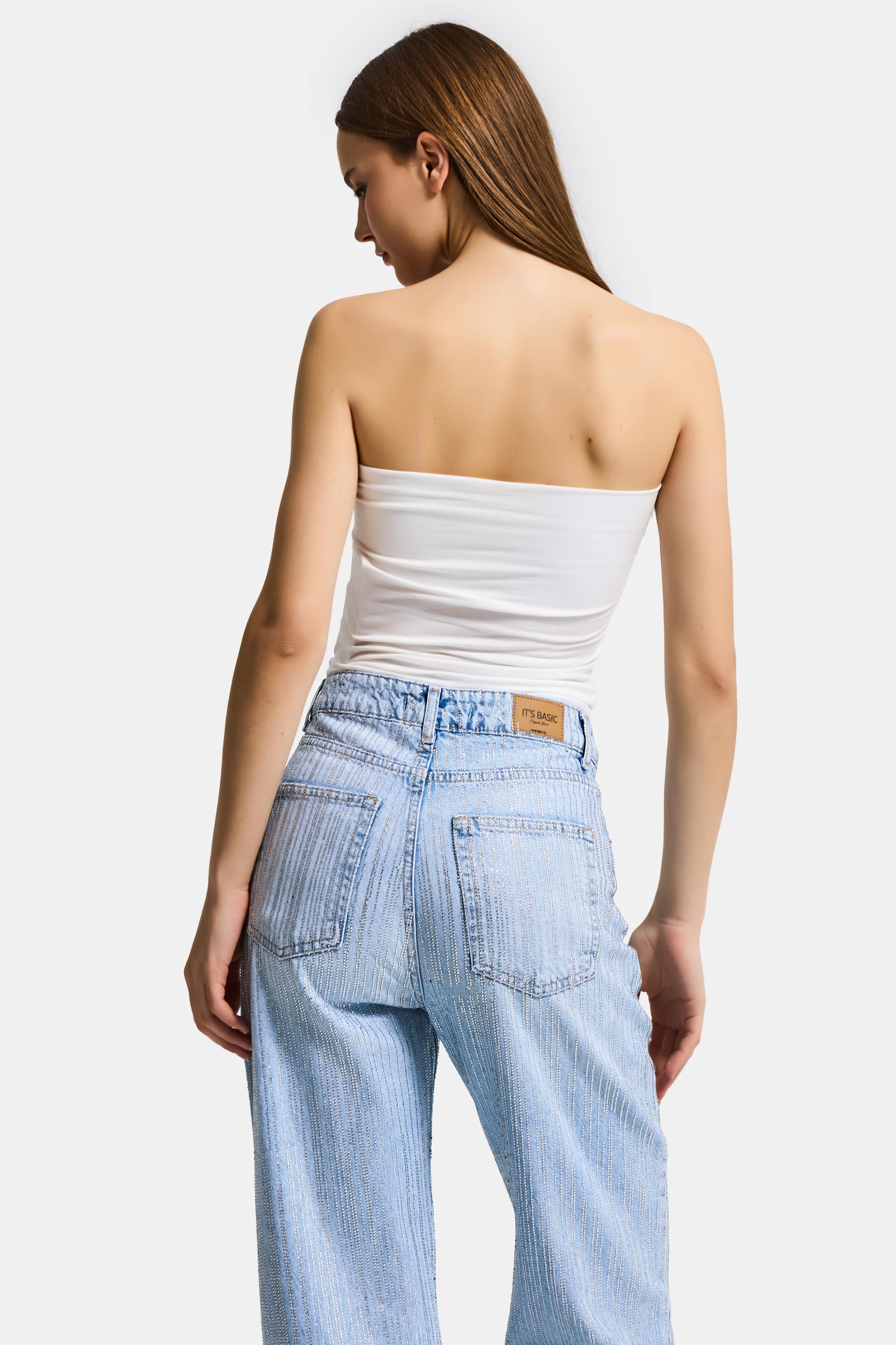 Kadın Beyaz w5 Baskılı Cup Destekli Straplez Tasarım Büstiyer