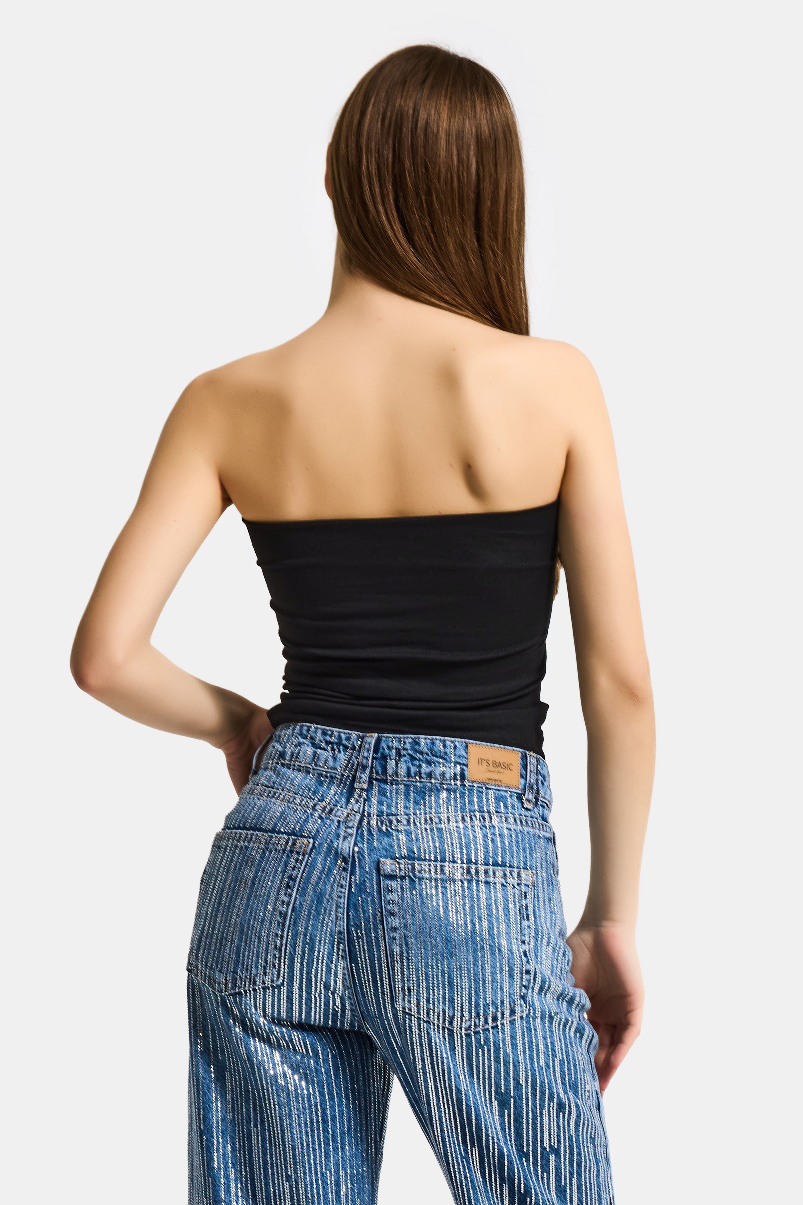 Kadın Siyah w5 Baskılı Cup Destekli Straplez Tasarım Büstiyer