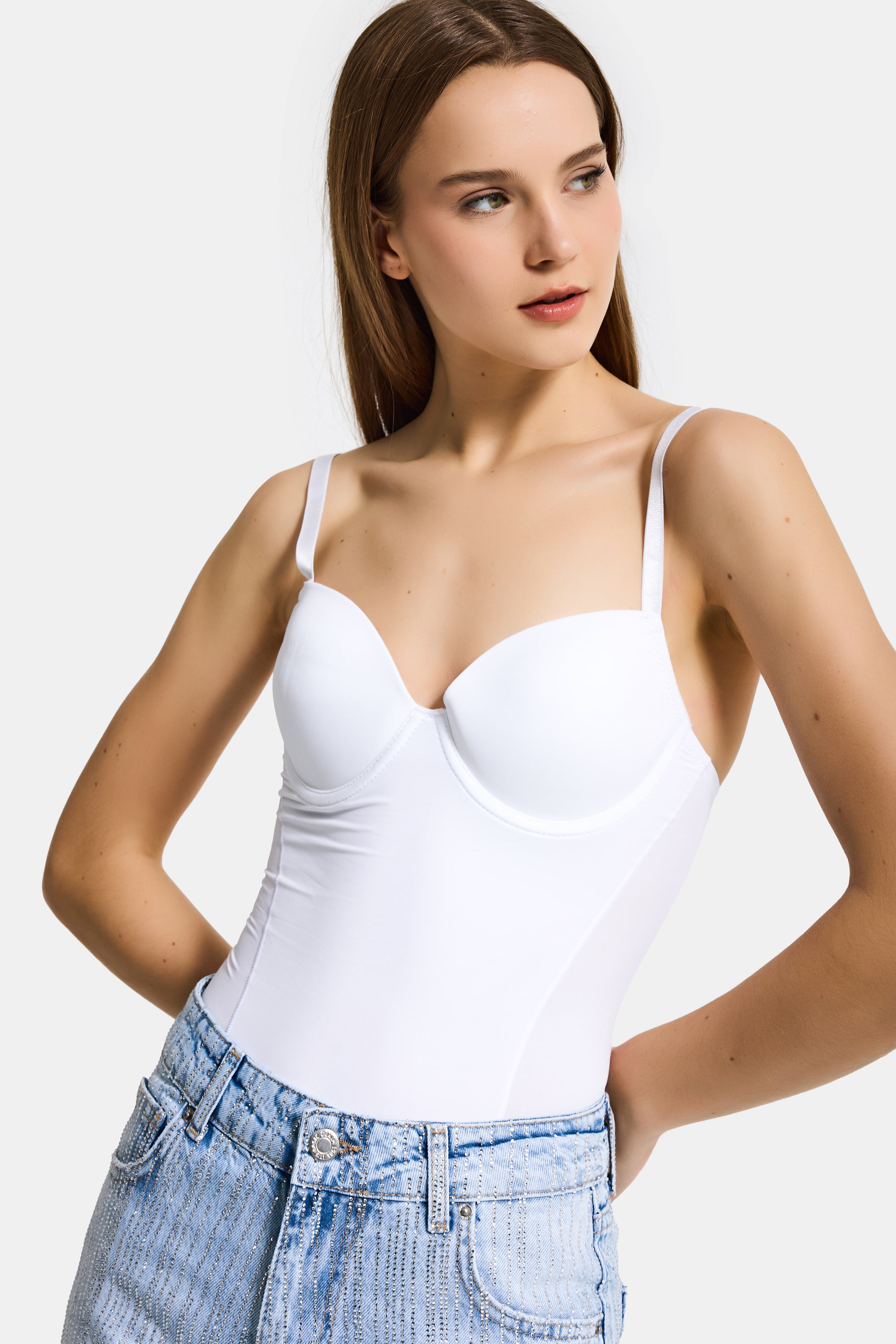 Kadın Beyaz w5 Çıtçıtlı Toparlayıcı Dantel Detaylı Destekli Cup Tasarım Askılı Body