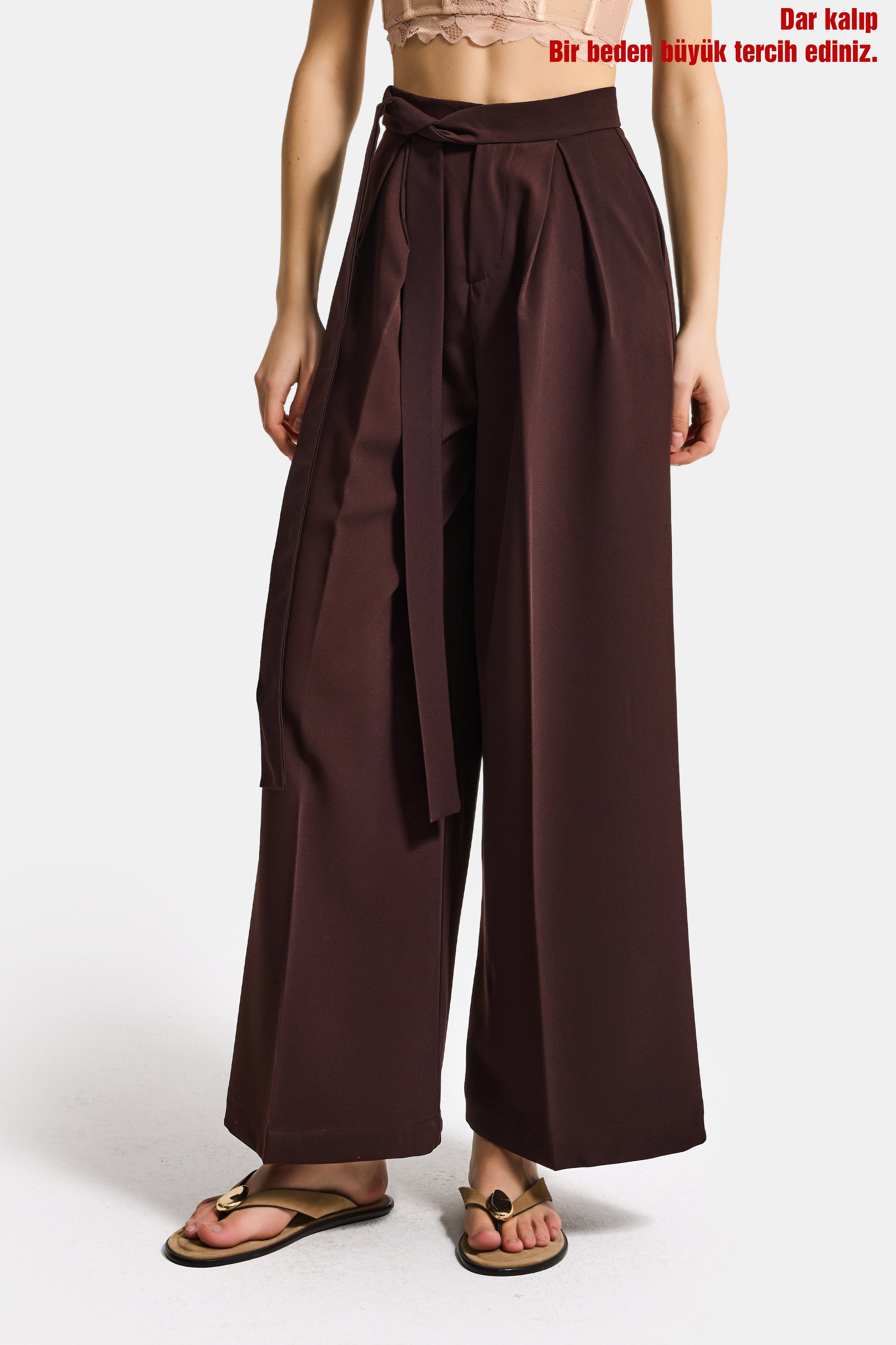 Kadın Acı Kahve w5 Palazzo Fit Özel Kumaş Kemer Detaylı Tasarım Pantolon