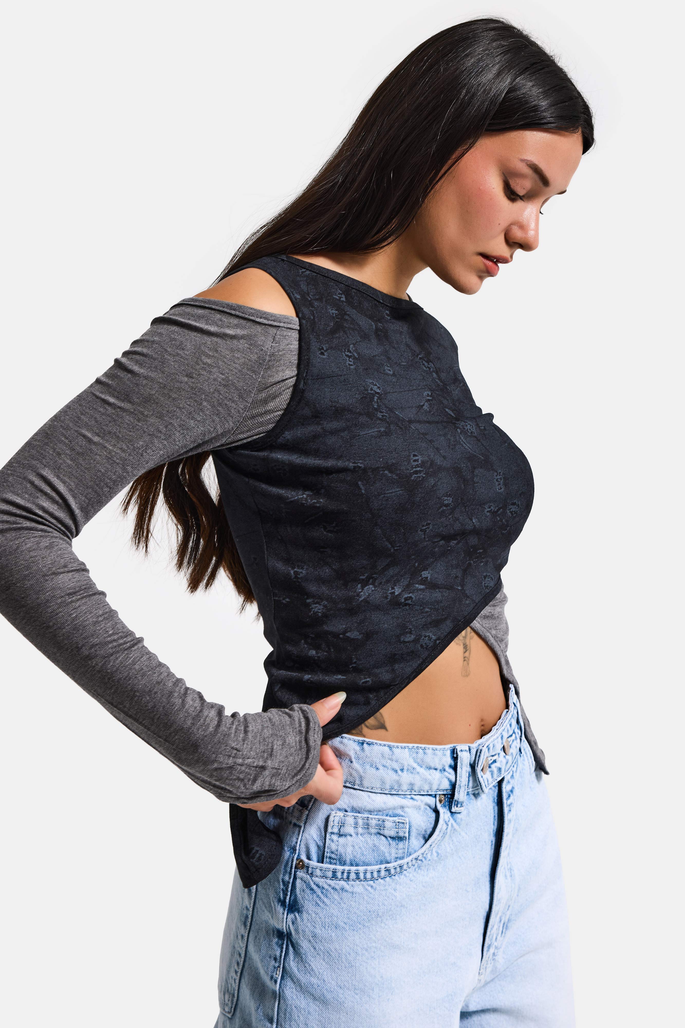 Kadın Siyah w5 Çift Parça Asimetrik Kesim Özel Tasarım Body