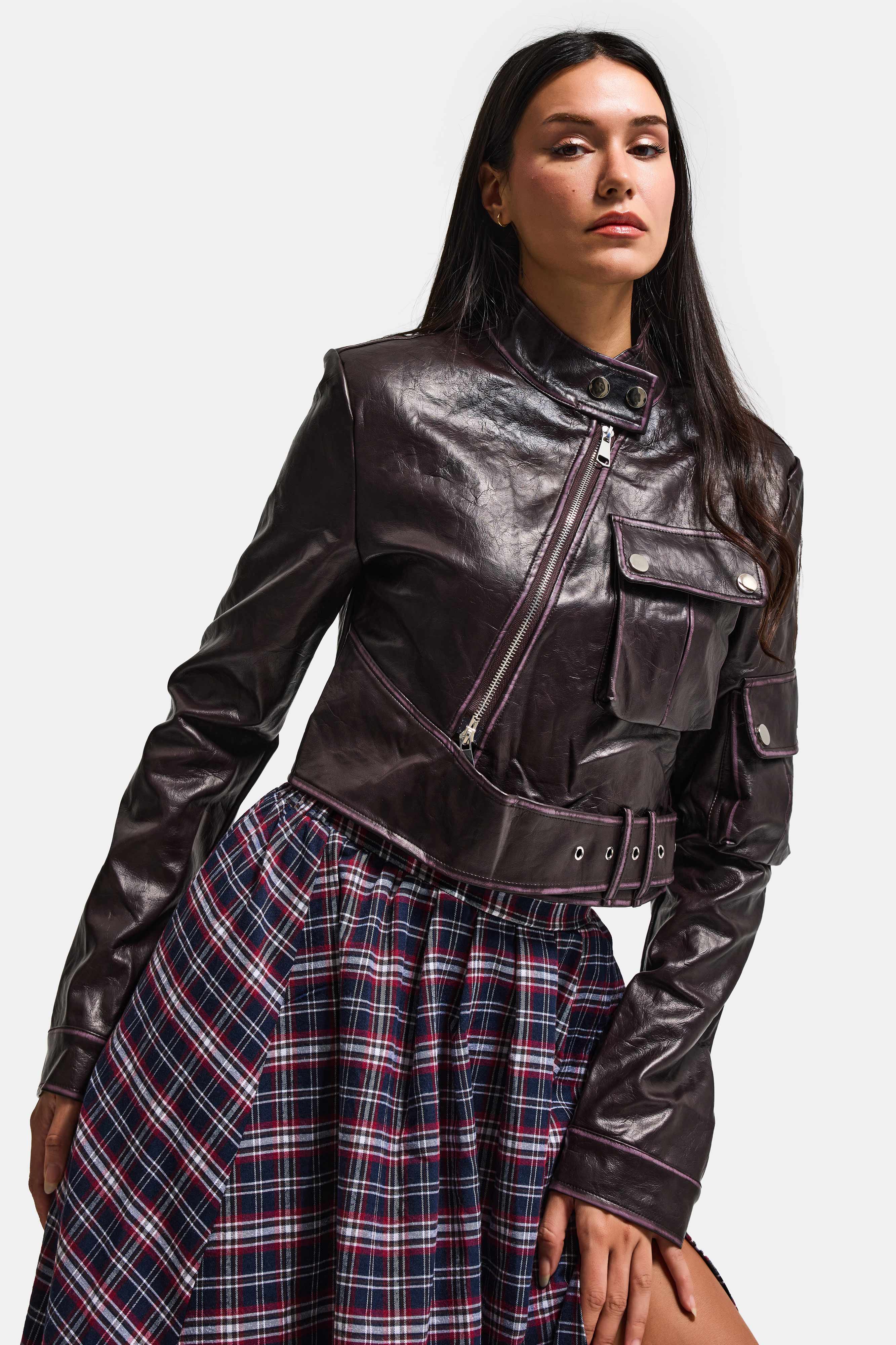 Kadın Bordo Kahve w5 Kemer Detaylı Özel Tasarım Deri Ceket