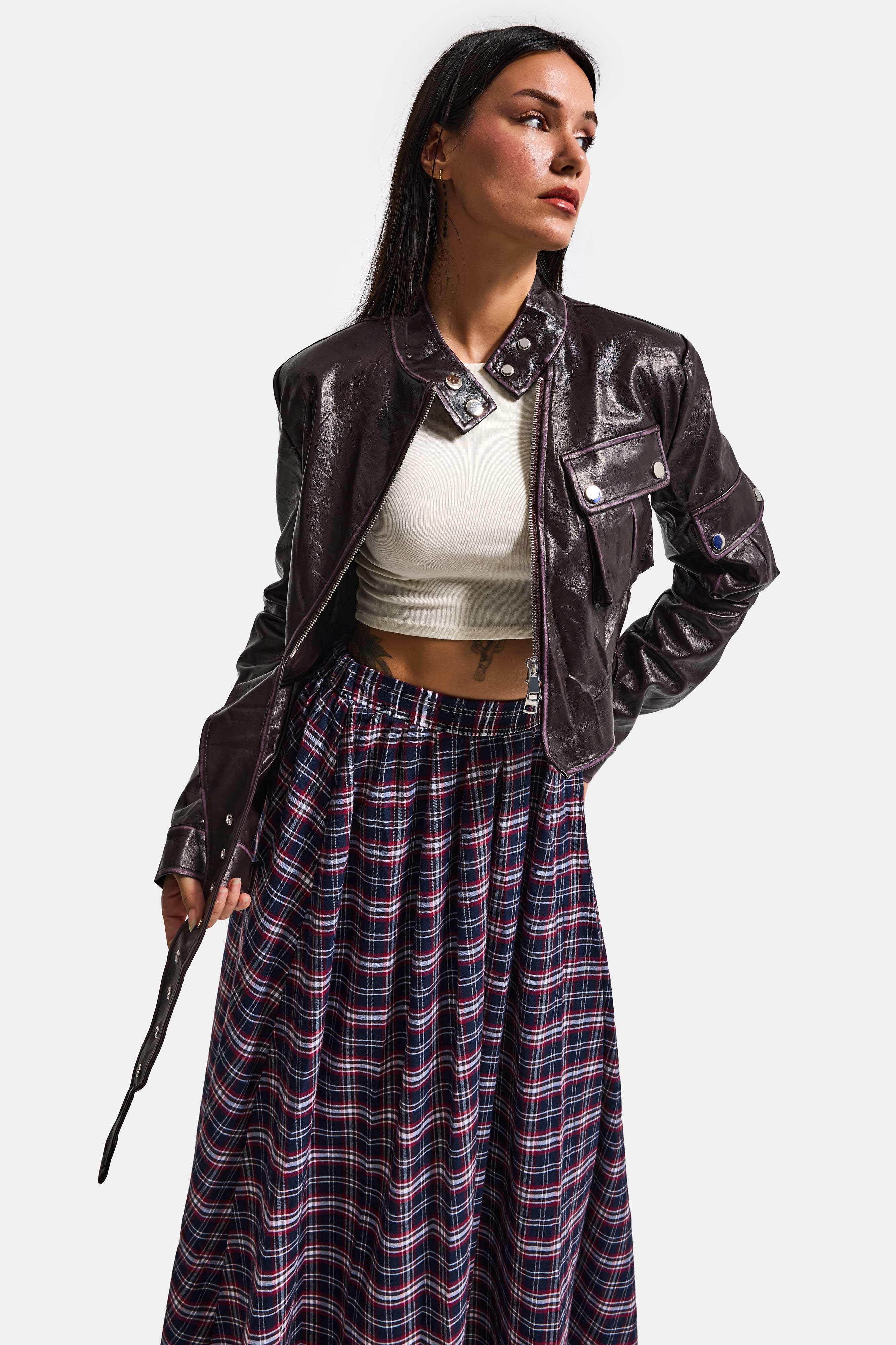 Kadın Bordo Kahve w5 Kemer Detaylı Özel Tasarım Deri Ceket