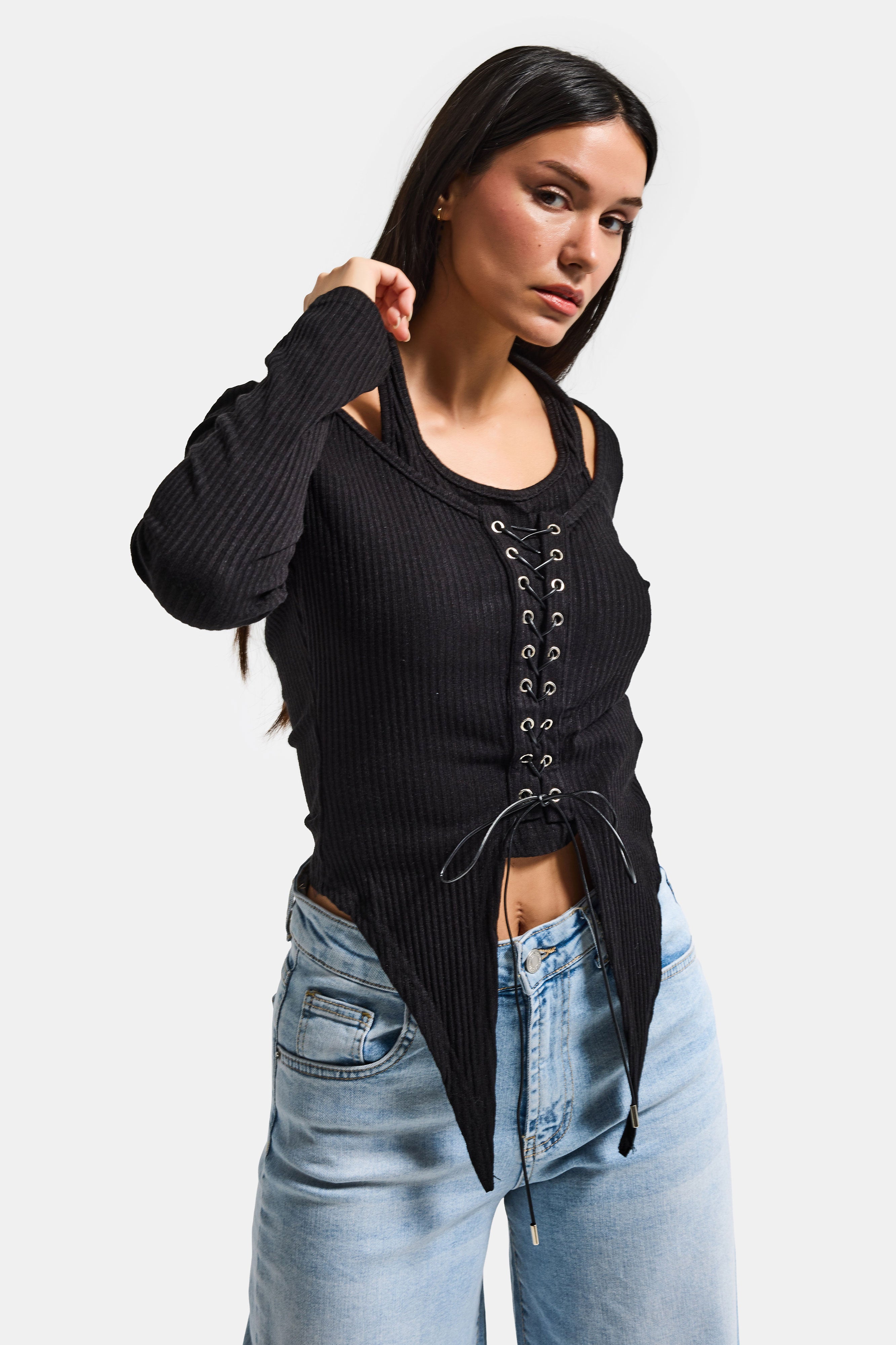 Kadın Siyah w5 Asimetrik Kesim Özel Tasarım Crop Top