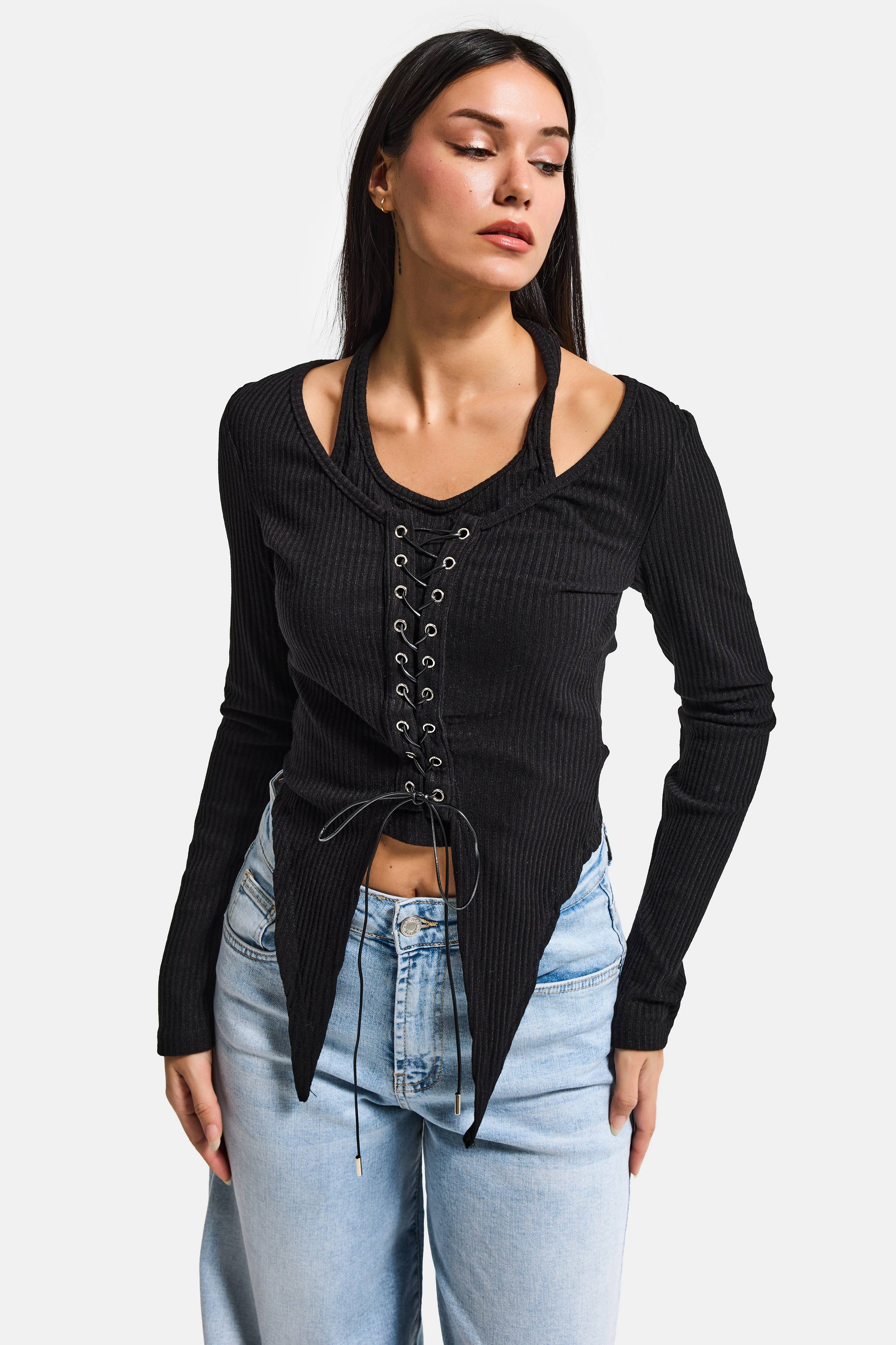 Kadın Siyah w5 Asimetrik Kesim Özel Tasarım Crop Top