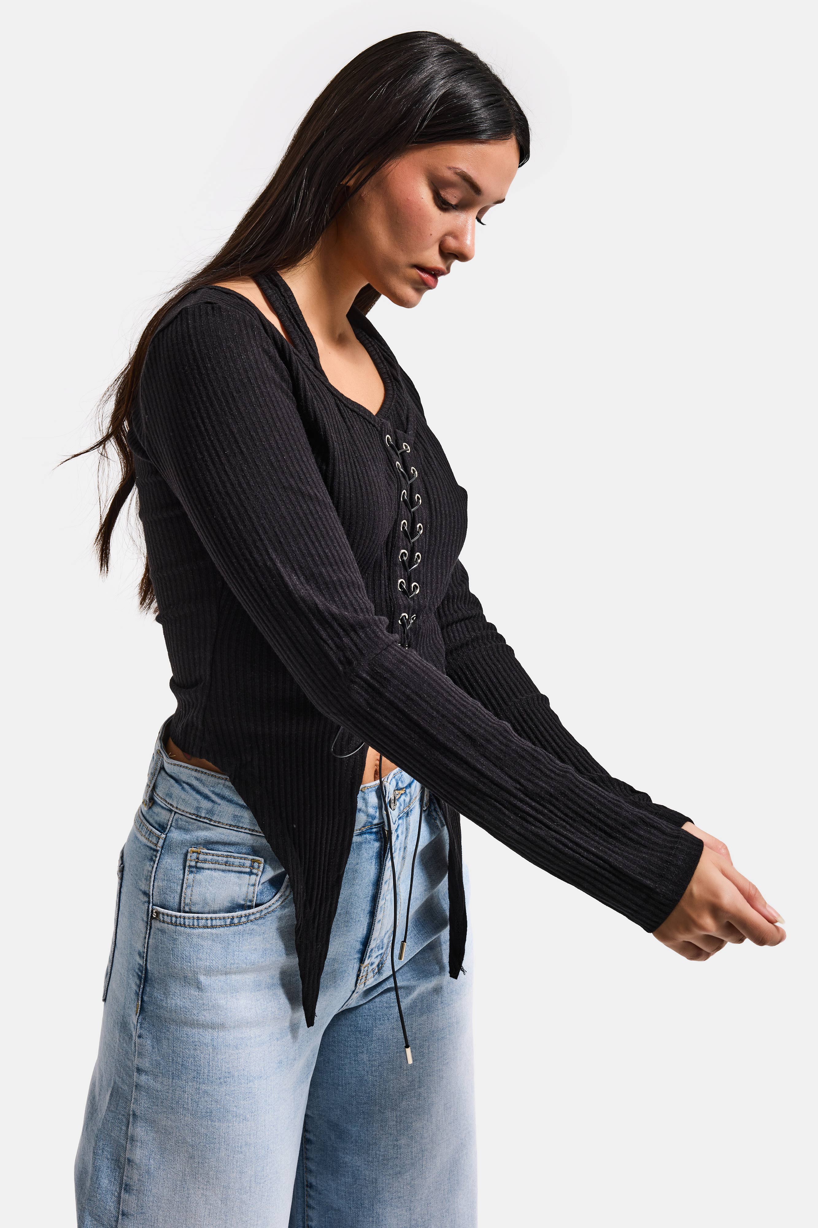 Kadın Siyah w5 Asimetrik Kesim Özel Tasarım Crop Top