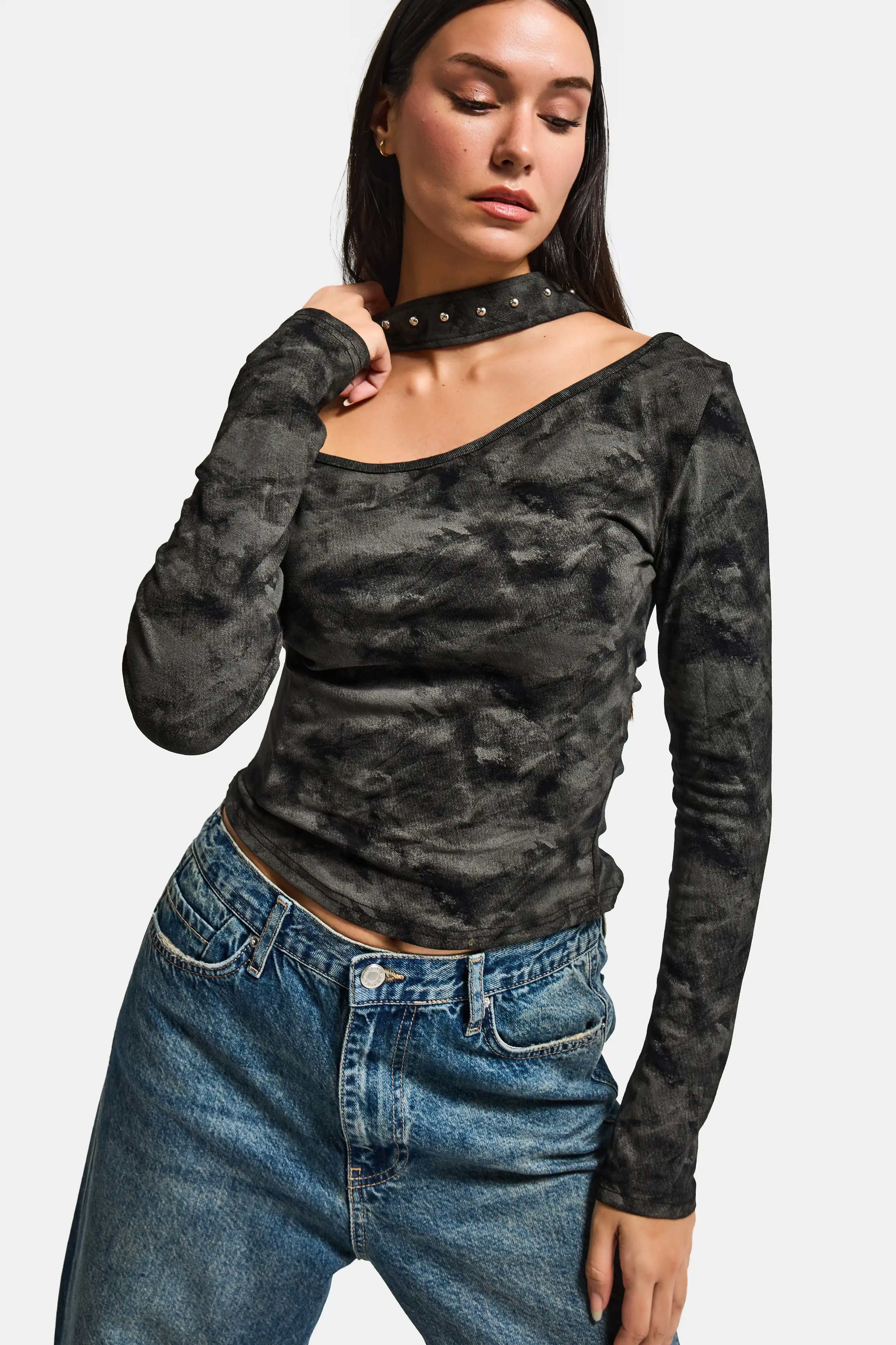 Kadın Siyah Antrasit w5 Asimetrik Kesim Özel Kumaş Tasarım Crop Top