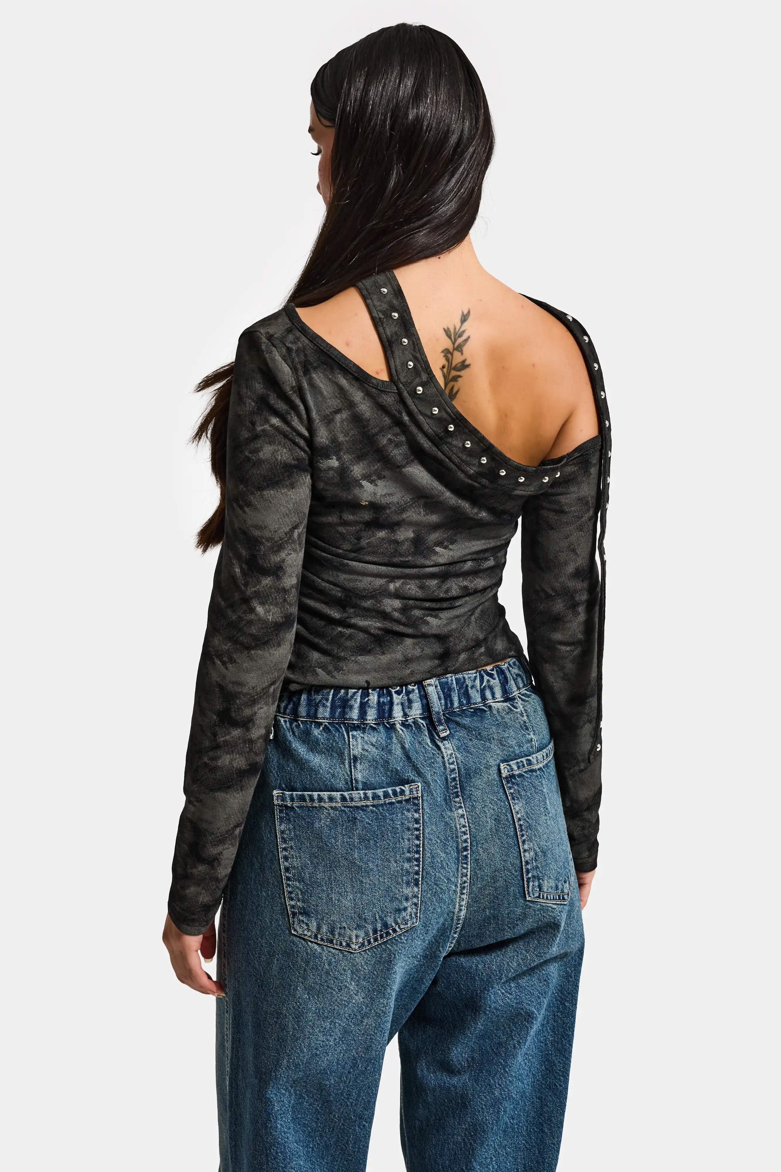 Kadın Siyah Antrasit w5 Asimetrik Kesim Özel Kumaş Tasarım Crop Top