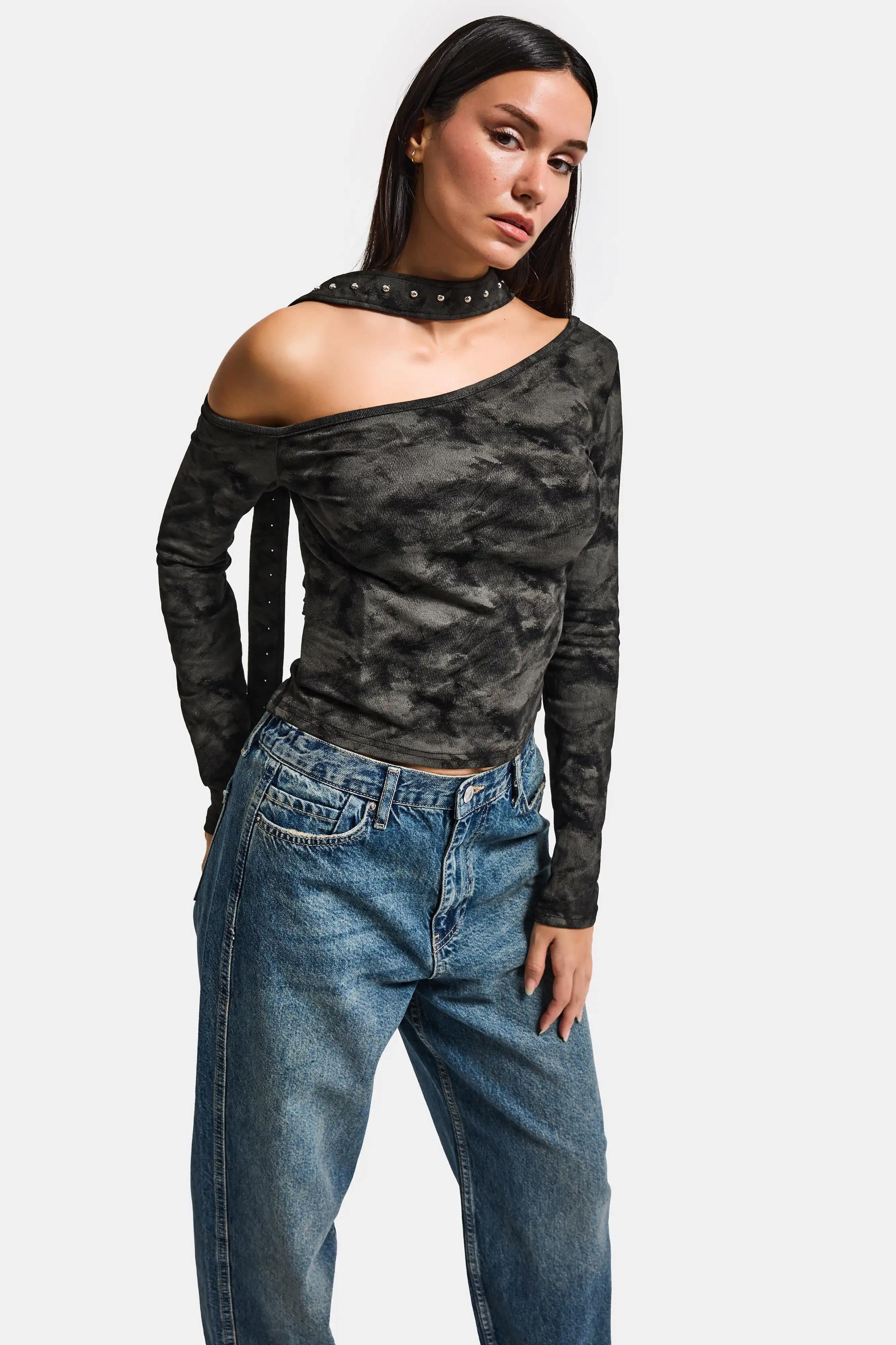 Kadın Siyah Antrasit w5 Asimetrik Kesim Özel Kumaş Tasarım Crop Top