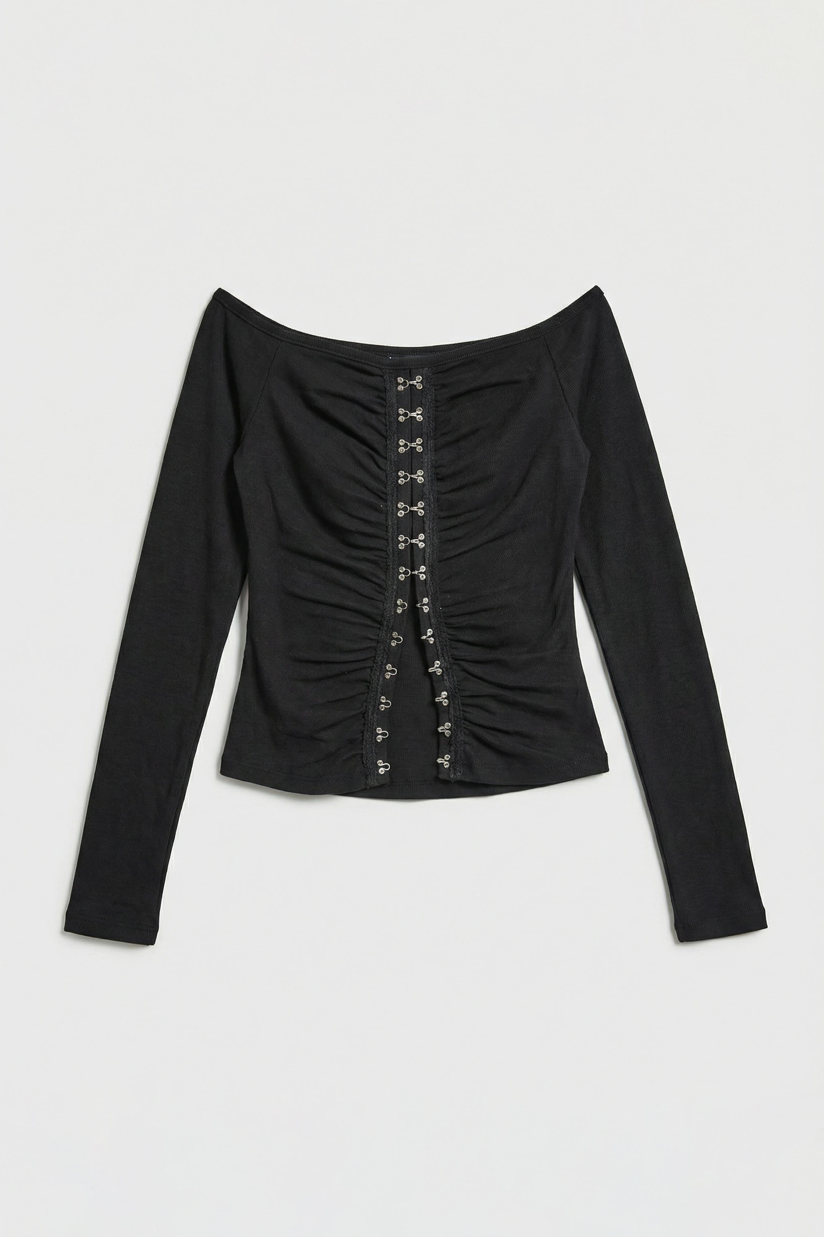 Kadın Siyah w5 Agraf Detaylı Omzu Açık Özel Tasarım Crop Top