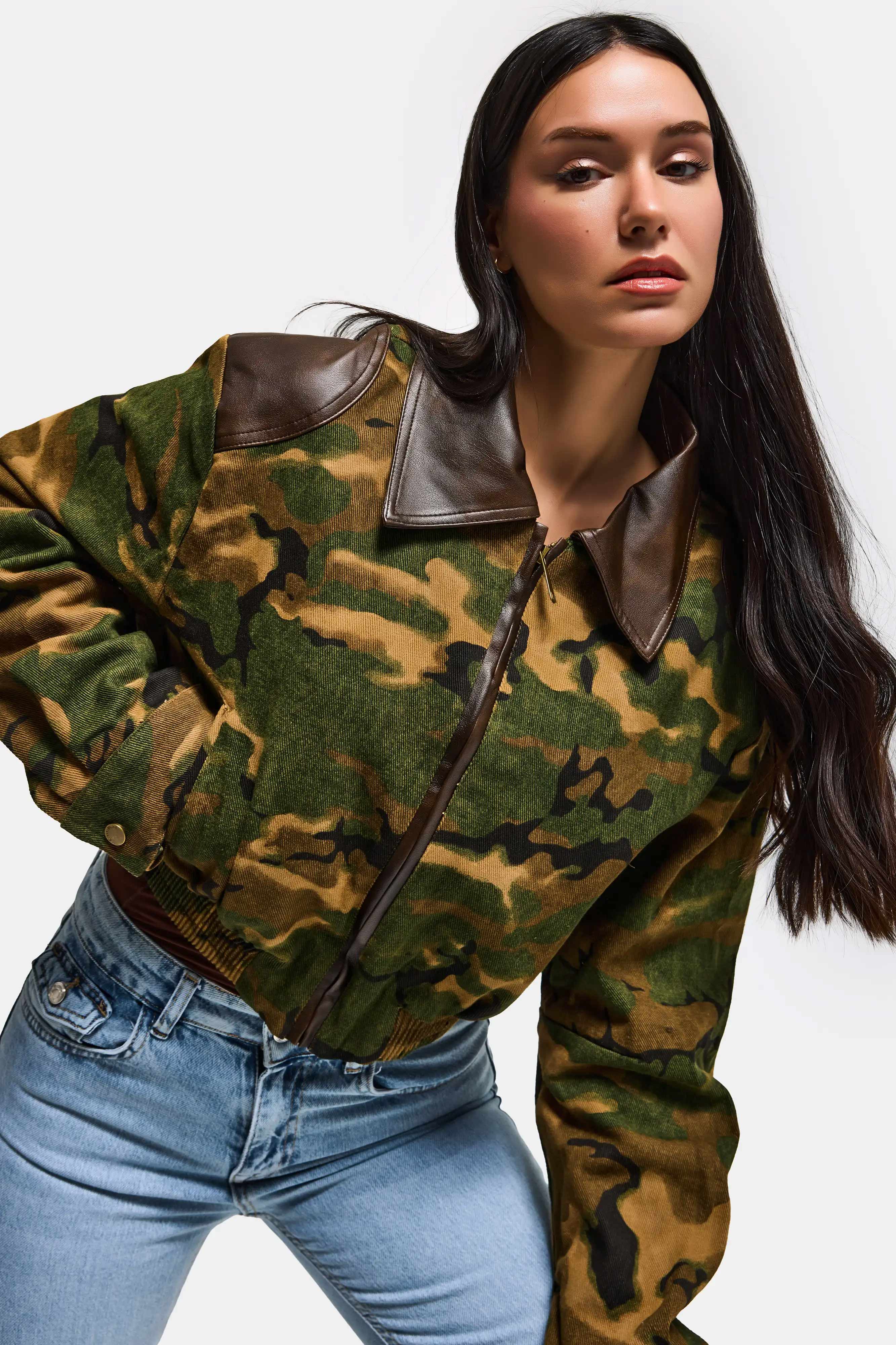 Kadın Kamuflaj w5 Bomber Deri Detaylı Özel Tasarım Kamuflaj Ceket