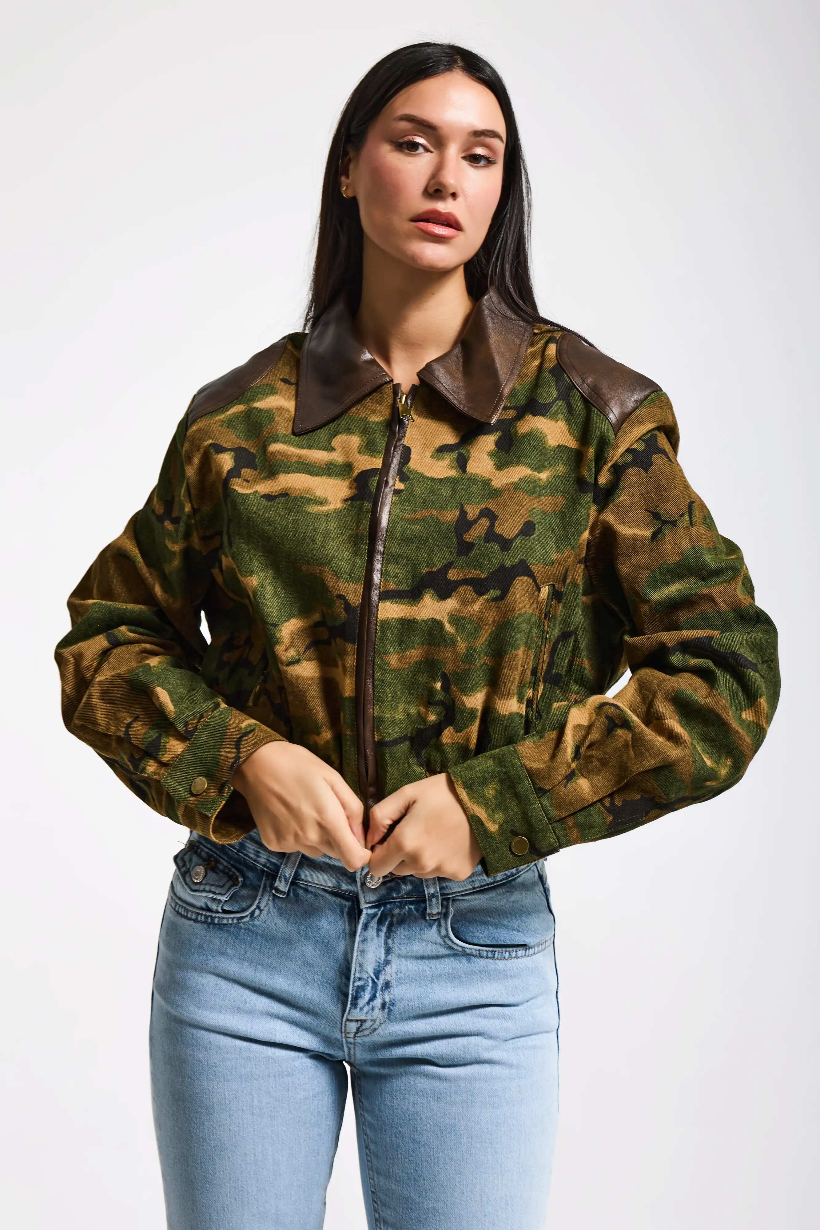 Kadın Kamuflaj w5 Bomber Deri Detaylı Özel Tasarım Kamuflaj Ceket