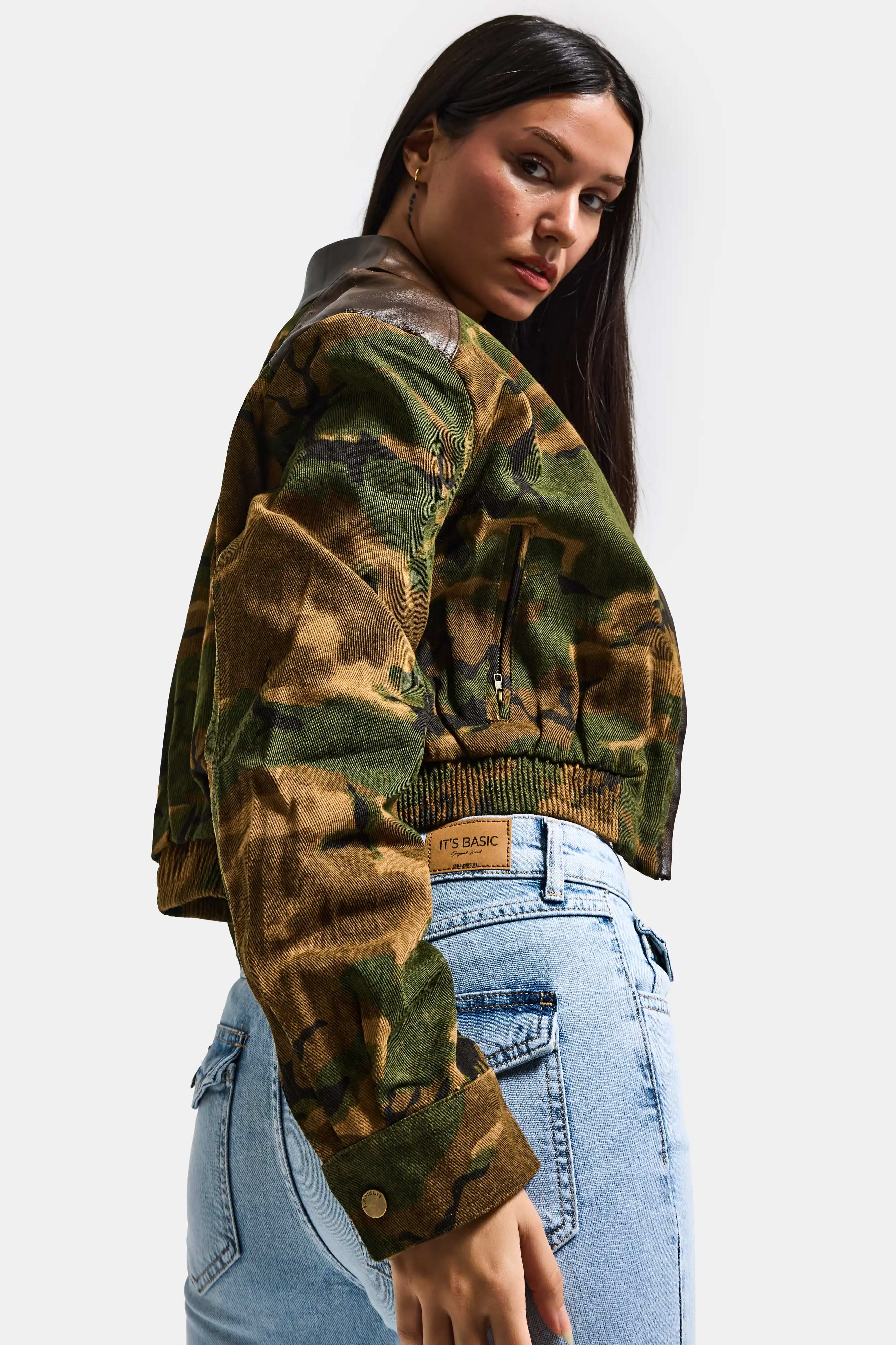 Kadın Kamuflaj w5 Bomber Deri Detaylı Özel Tasarım Kamuflaj Ceket
