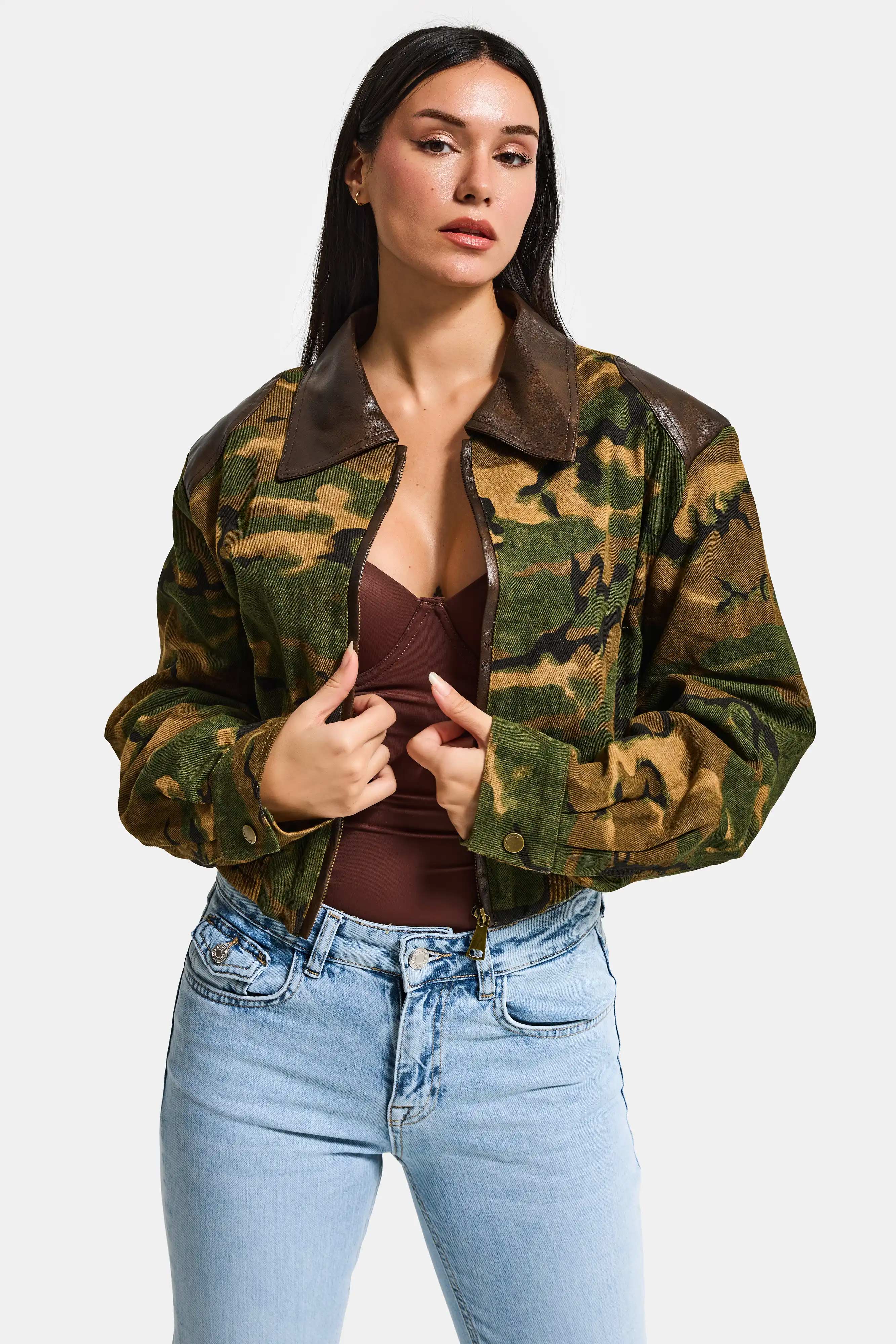 Kadın Kamuflaj w5 Bomber Deri Detaylı Özel Tasarım Kamuflaj Ceket