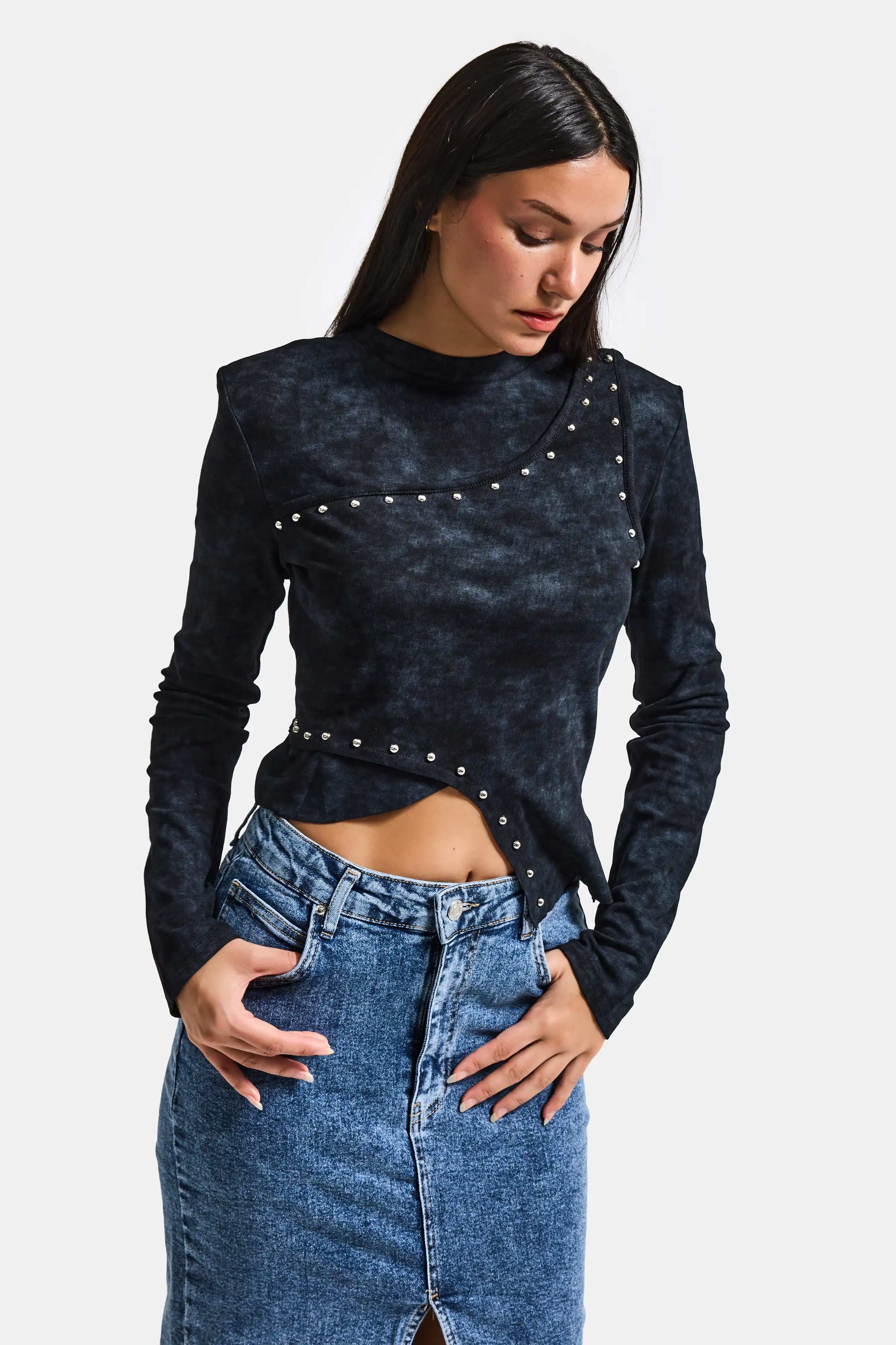 Kadın Siyah Antrasit w5 Asimetrik Kesim Drop Detaylı Özel Tasarım Crop Top