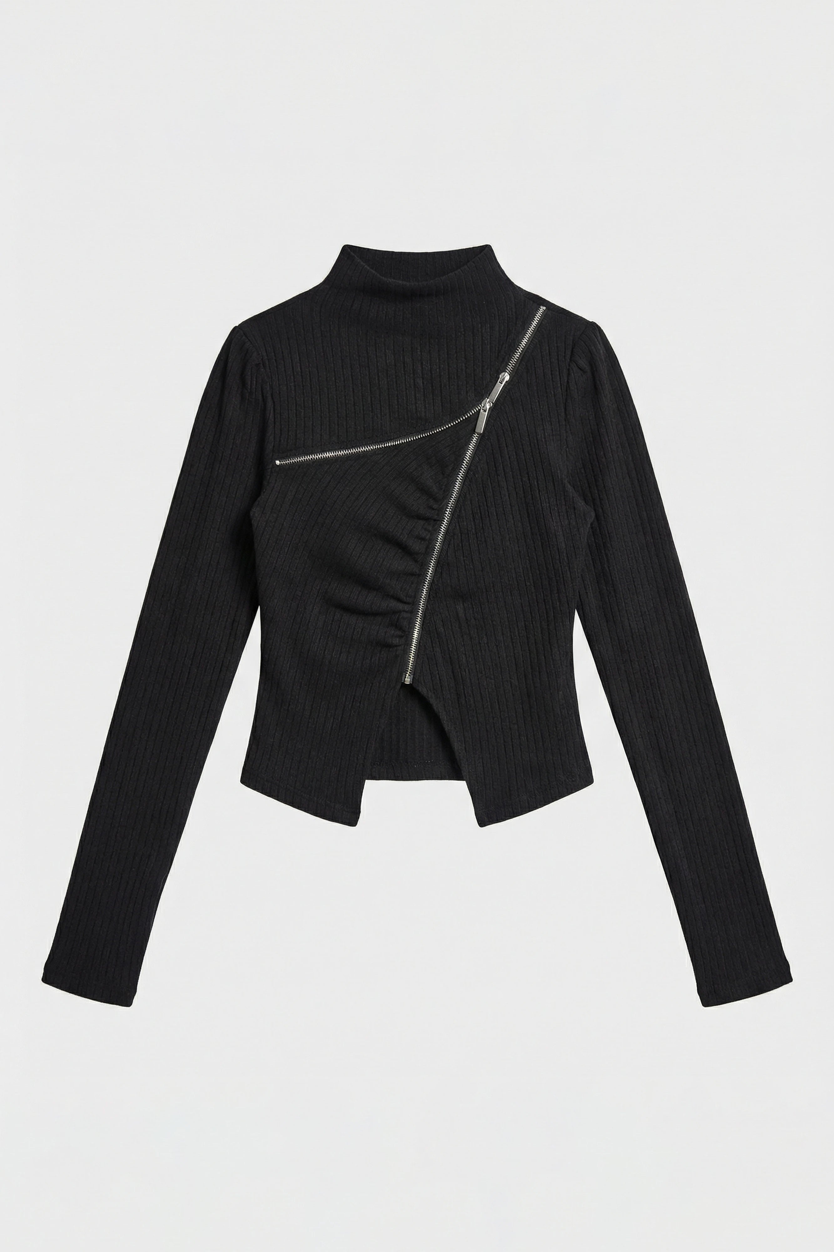 Kadın Siyah w5 Asimetrik Kesim Fermuar Detaylı Özel Tasarım Crop Top