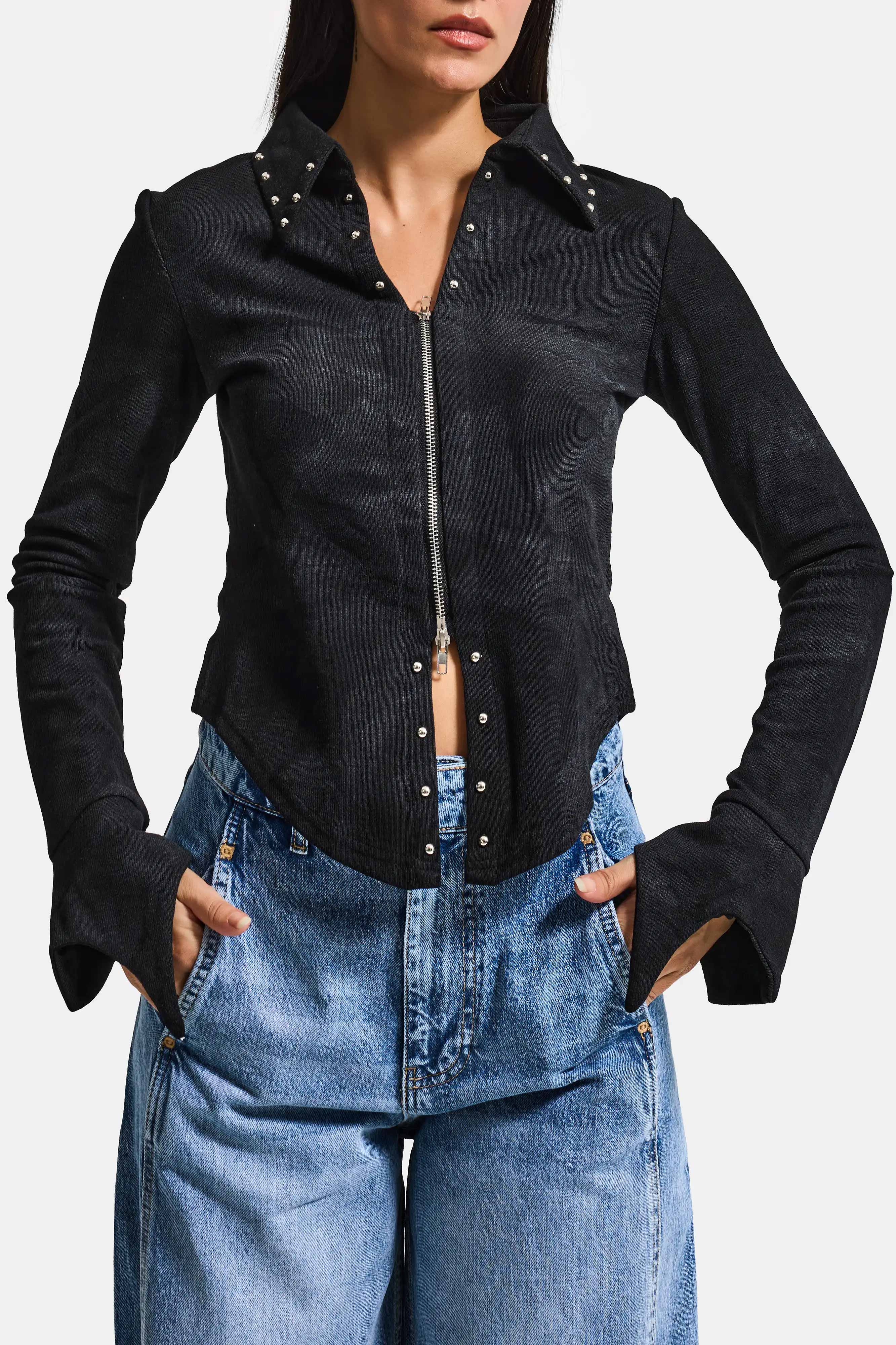 Kadın Siyah w5 Fermuar ve Drop Detaylı Özel Tasarım Crop Top