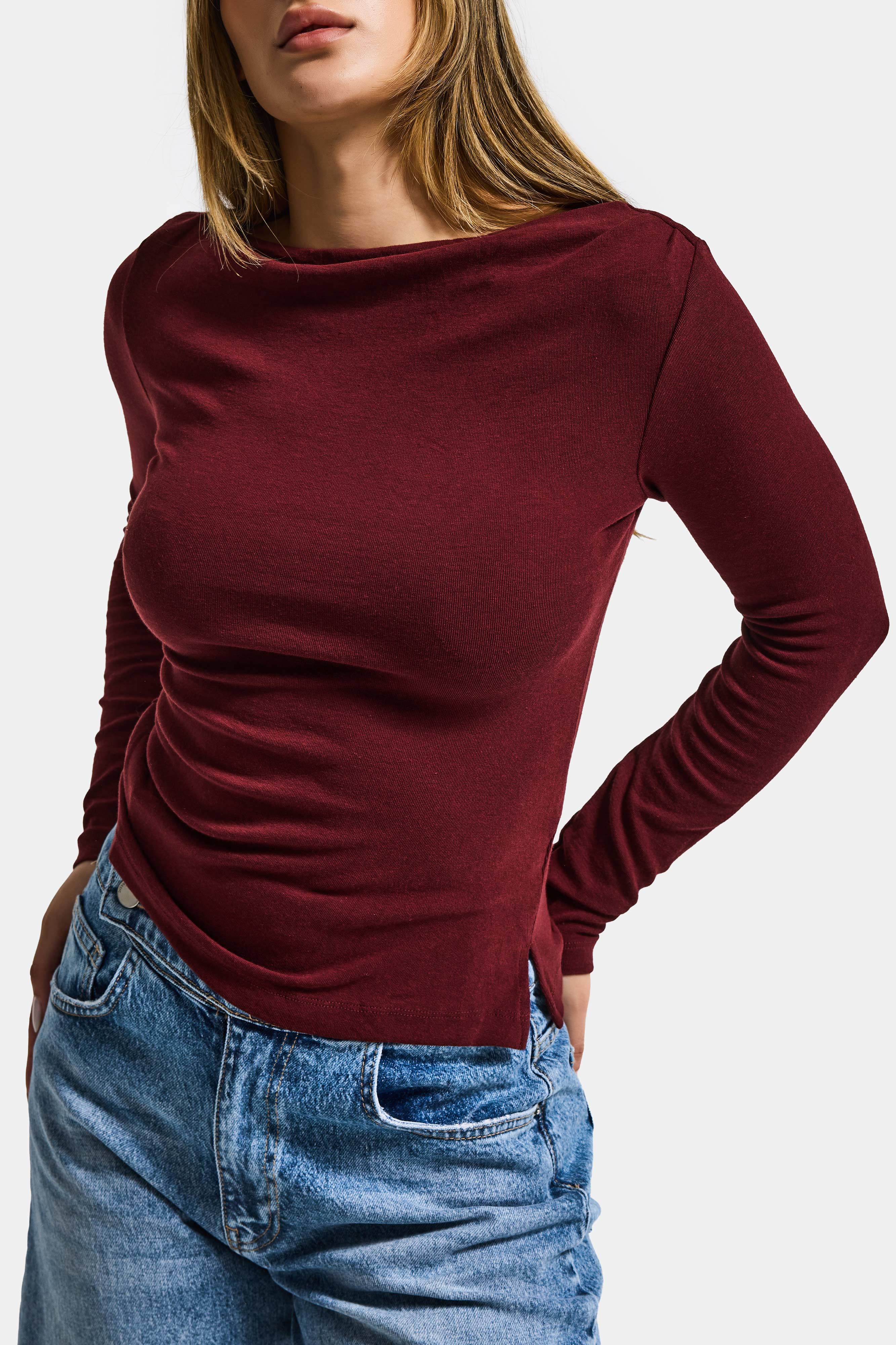 Kadın Bordo w5 %100 Pamuk Asimetrik Kesim Esnek Bluz Body