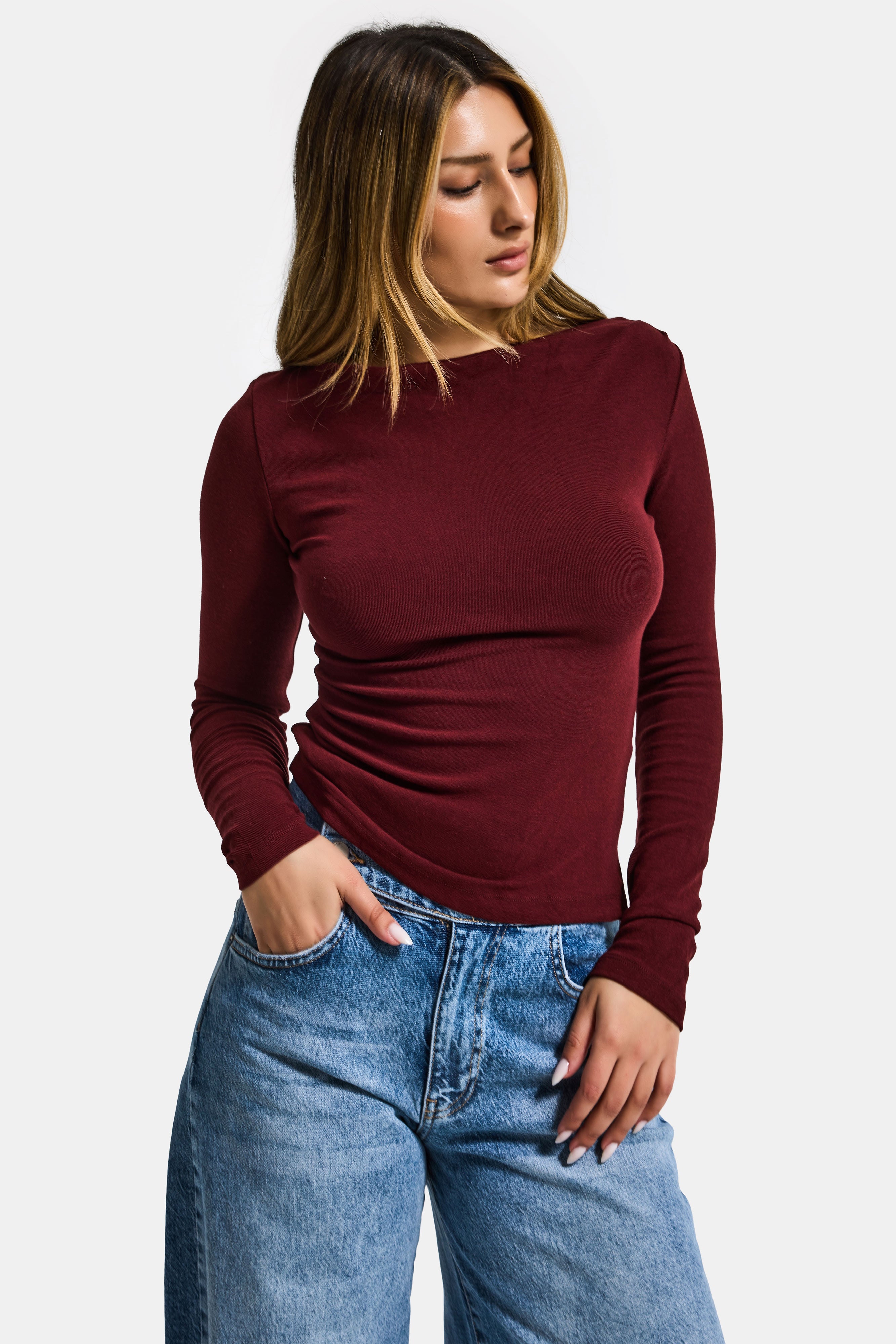 Kadın Bordo w5 %100 Pamuk Asimetrik Kesim Esnek Bluz Body