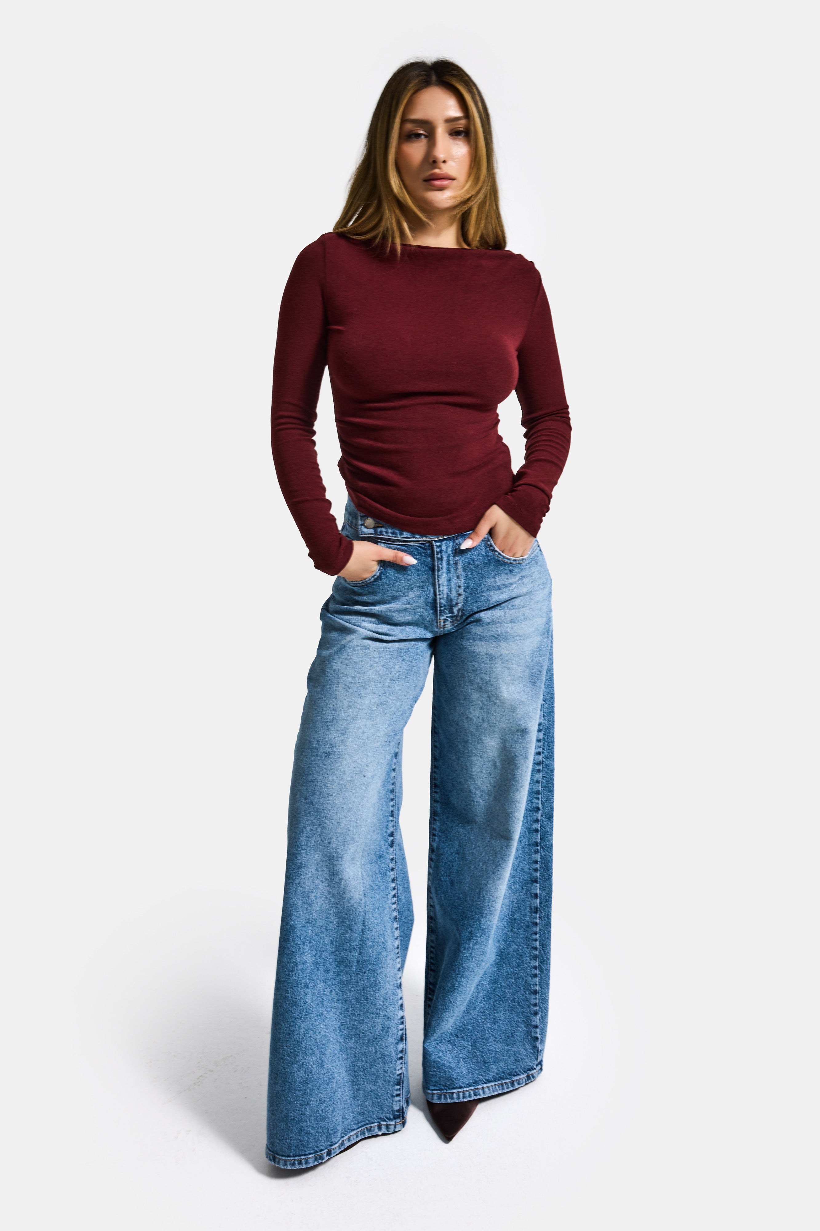 Kadın Bordo w5 %100 Pamuk Asimetrik Kesim Esnek Bluz Body