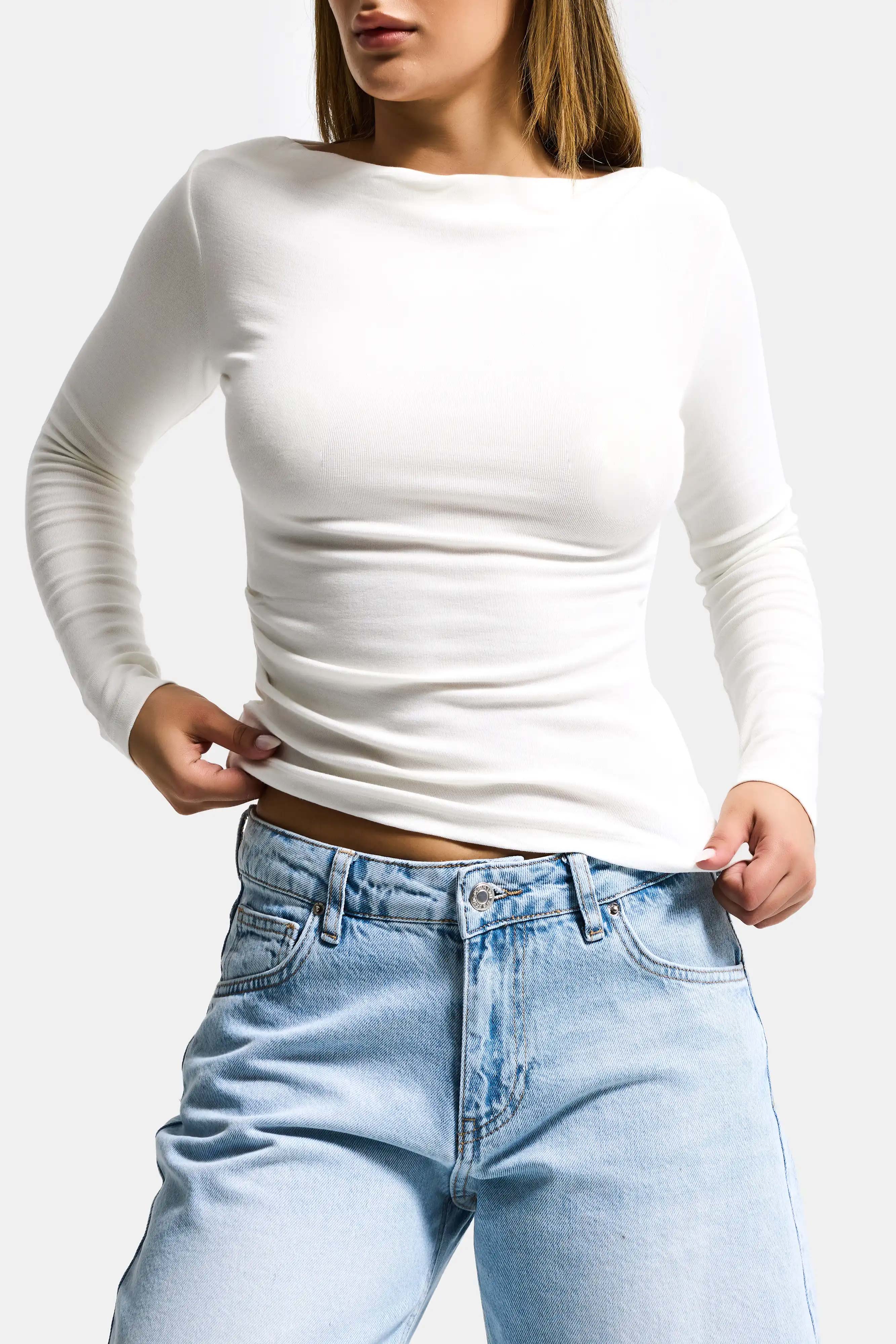 Kadın Beyaz w5 %100 Pamuk Asimetrik Kesim Esnek Bluz Body