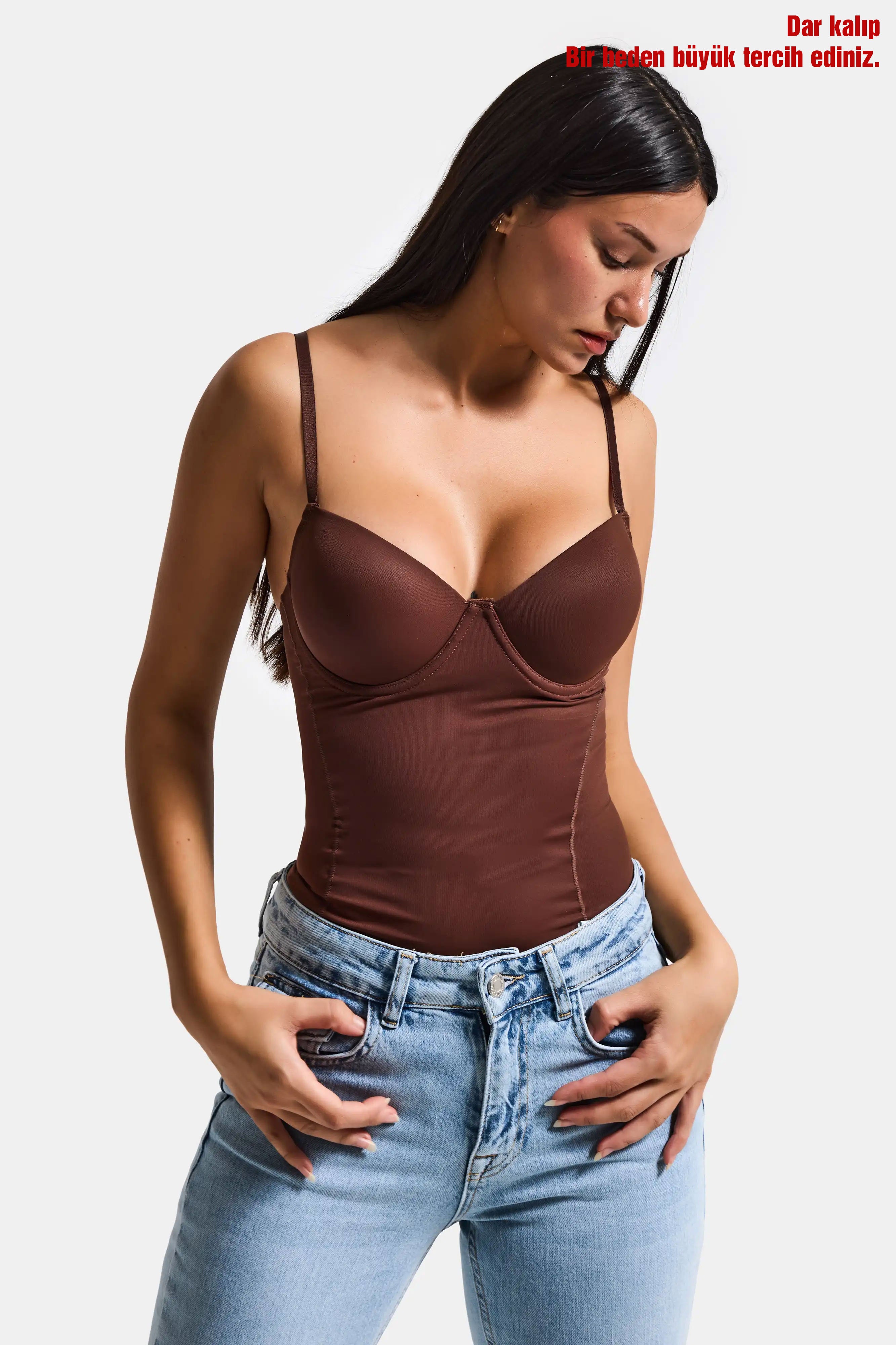 Kadın Kahve w5 Çıtçıtlı Toparlayıcı Dantel Detaylı Destekli Cup Tasarım Askılı Body