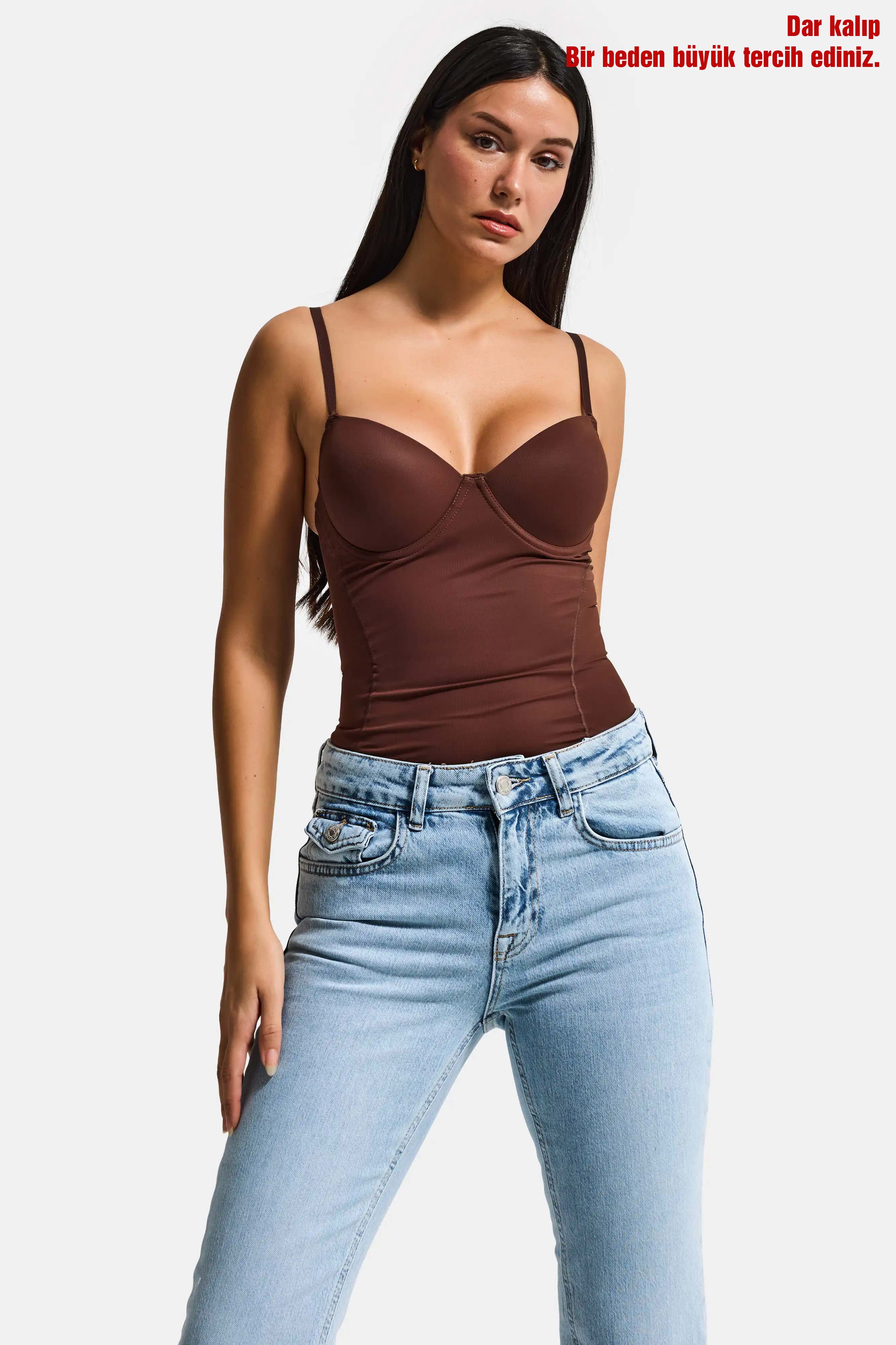 Kadın Kahve w5 Çıtçıtlı Toparlayıcı Dantel Detaylı Destekli Cup Tasarım Askılı Body